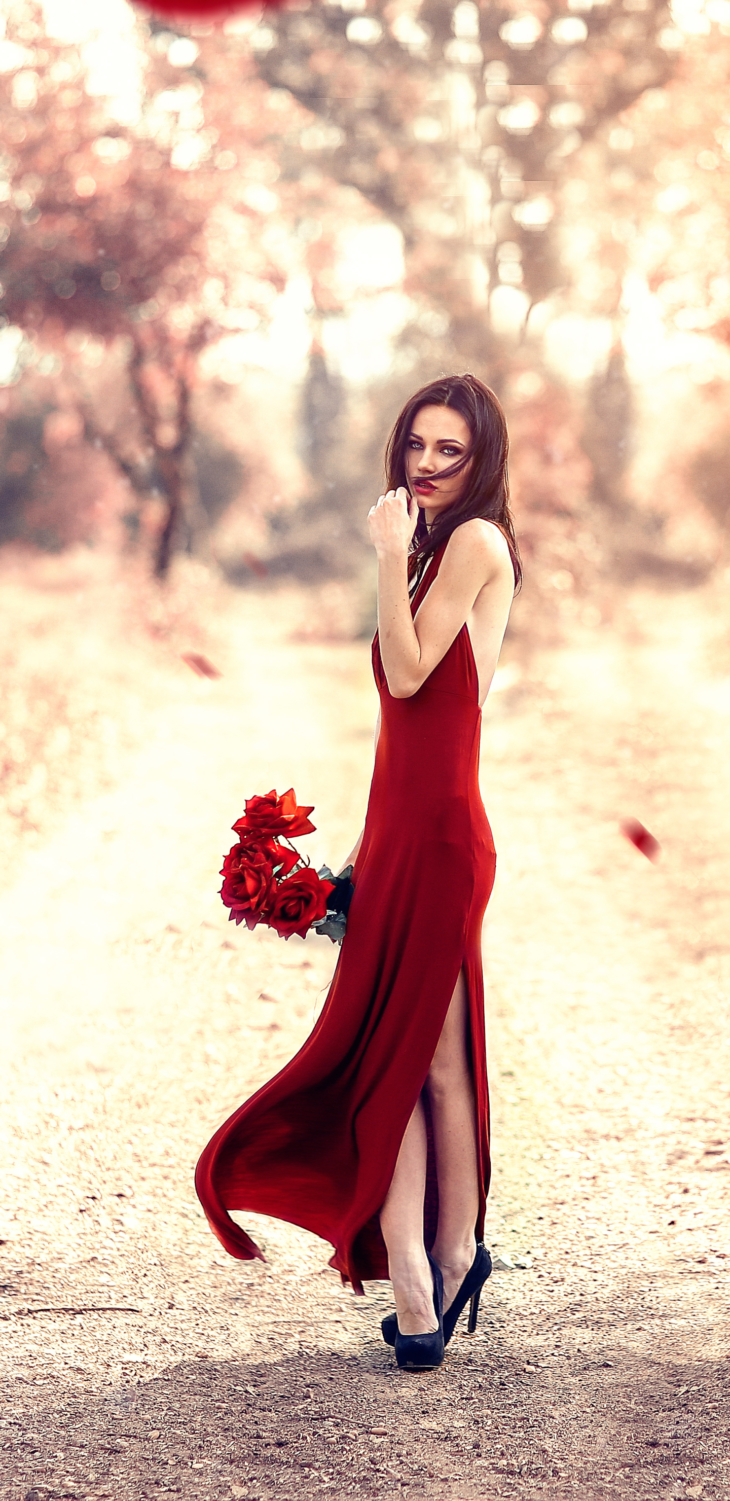 Download mobile wallpaper Brunette, Model, Women, Red Flower, Red Dress, Outdoor for free.