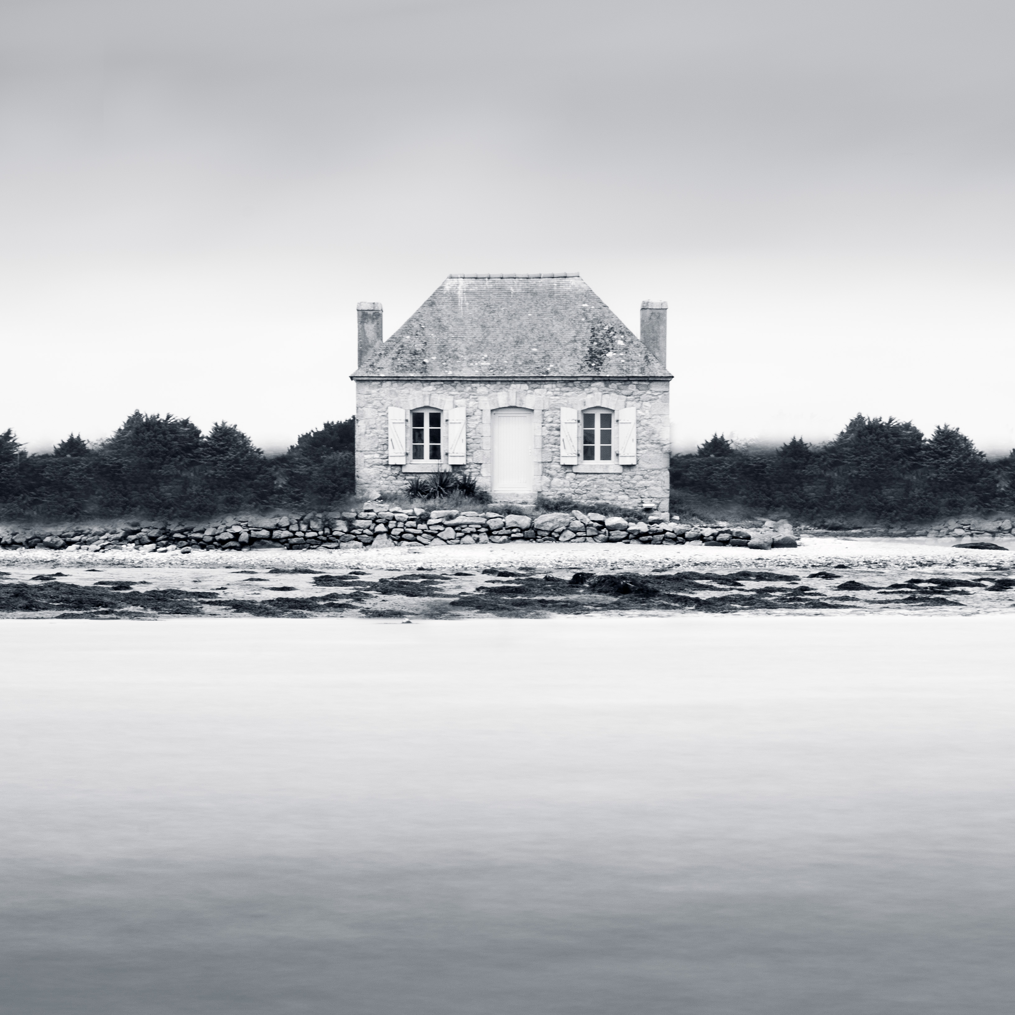 Download mobile wallpaper Bank, Shore, Chb, Fog, Monochrome, Bw, Nature, House, France for free.