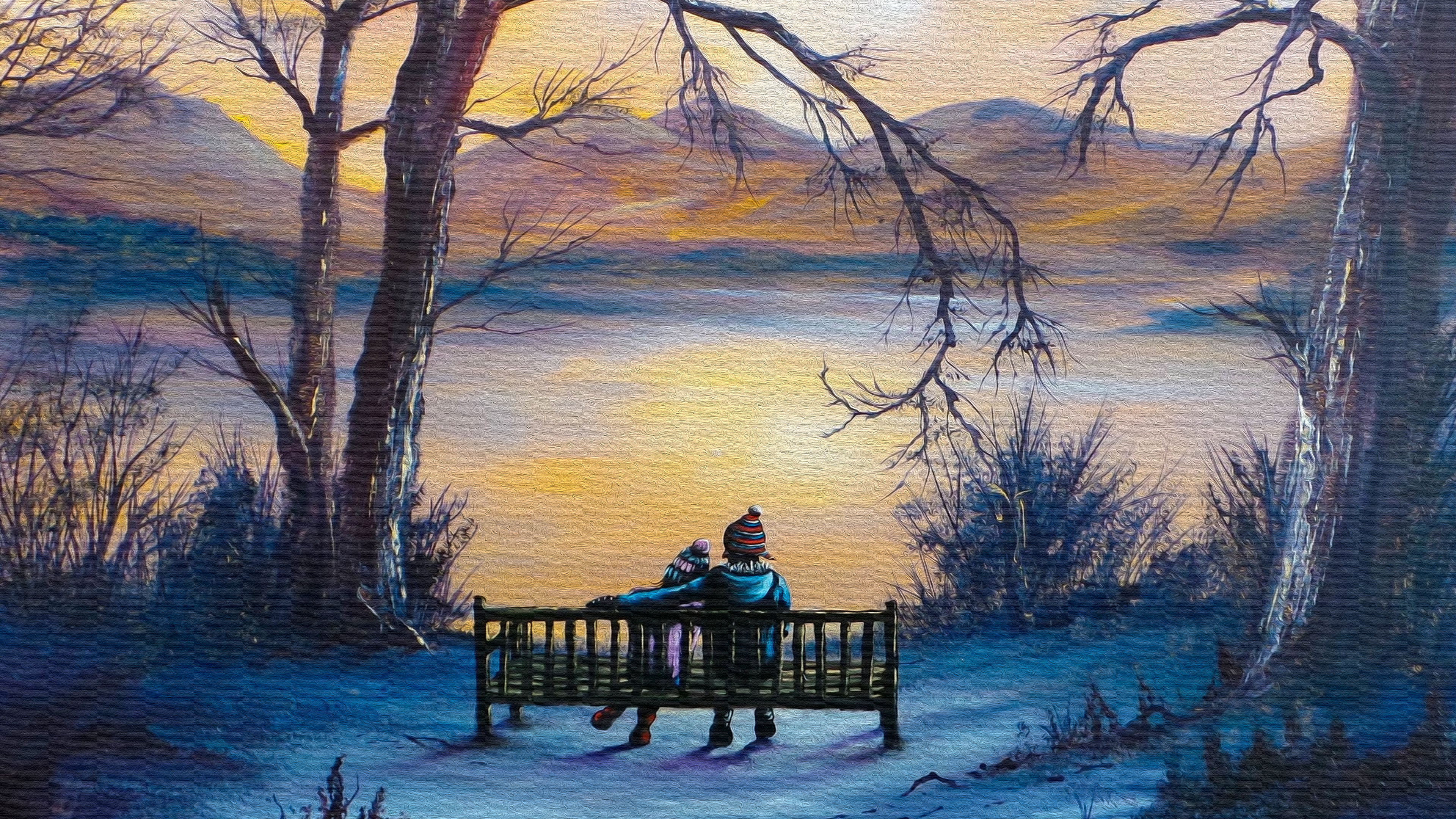 Download mobile wallpaper Landscape, People, Winter, Lake, Tree, Bench, Painting, Artistic, Scenery for free.