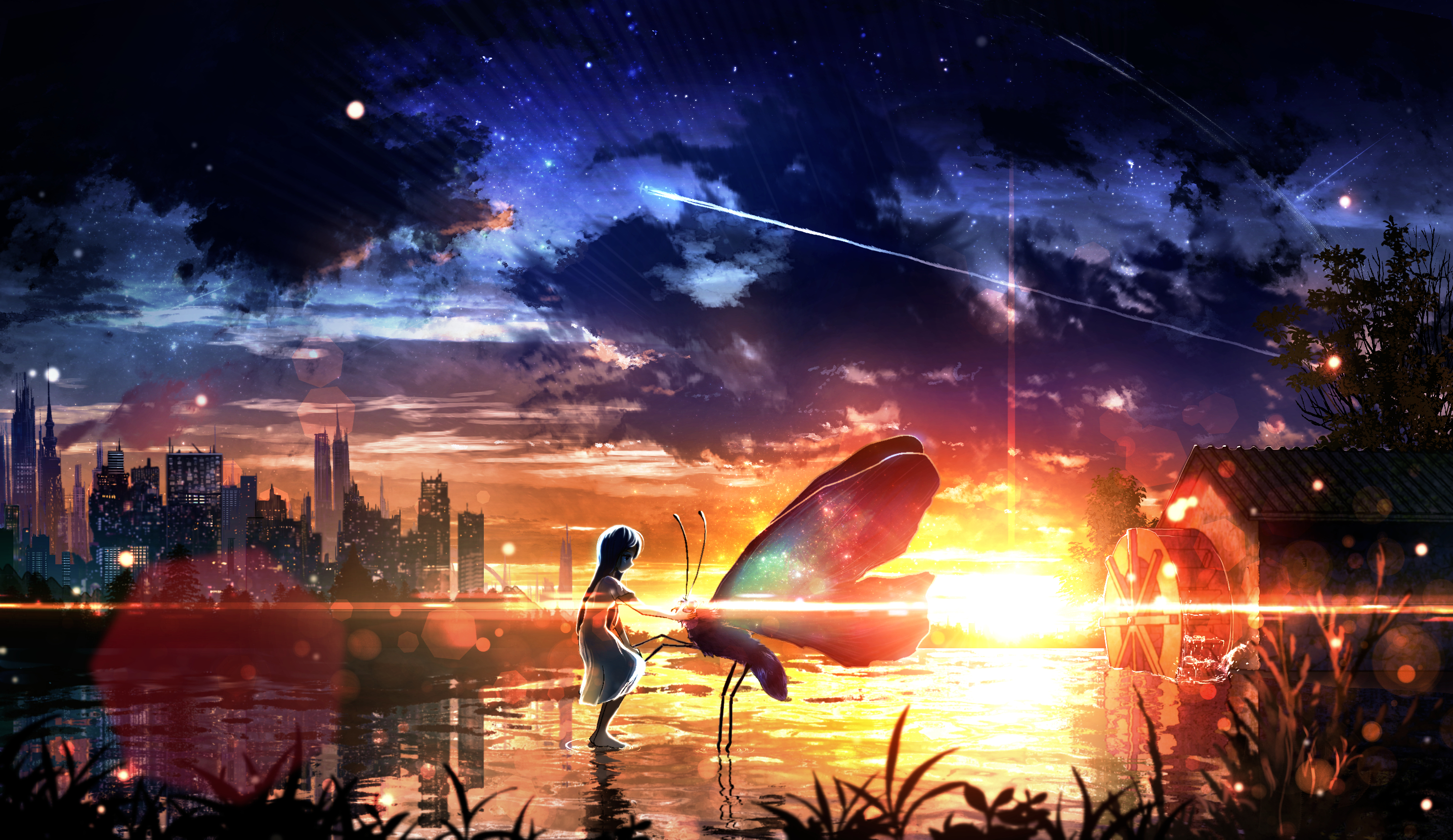 Free download wallpaper Anime, Sunset, Sky, Starry Sky, Butterfly on your PC desktop