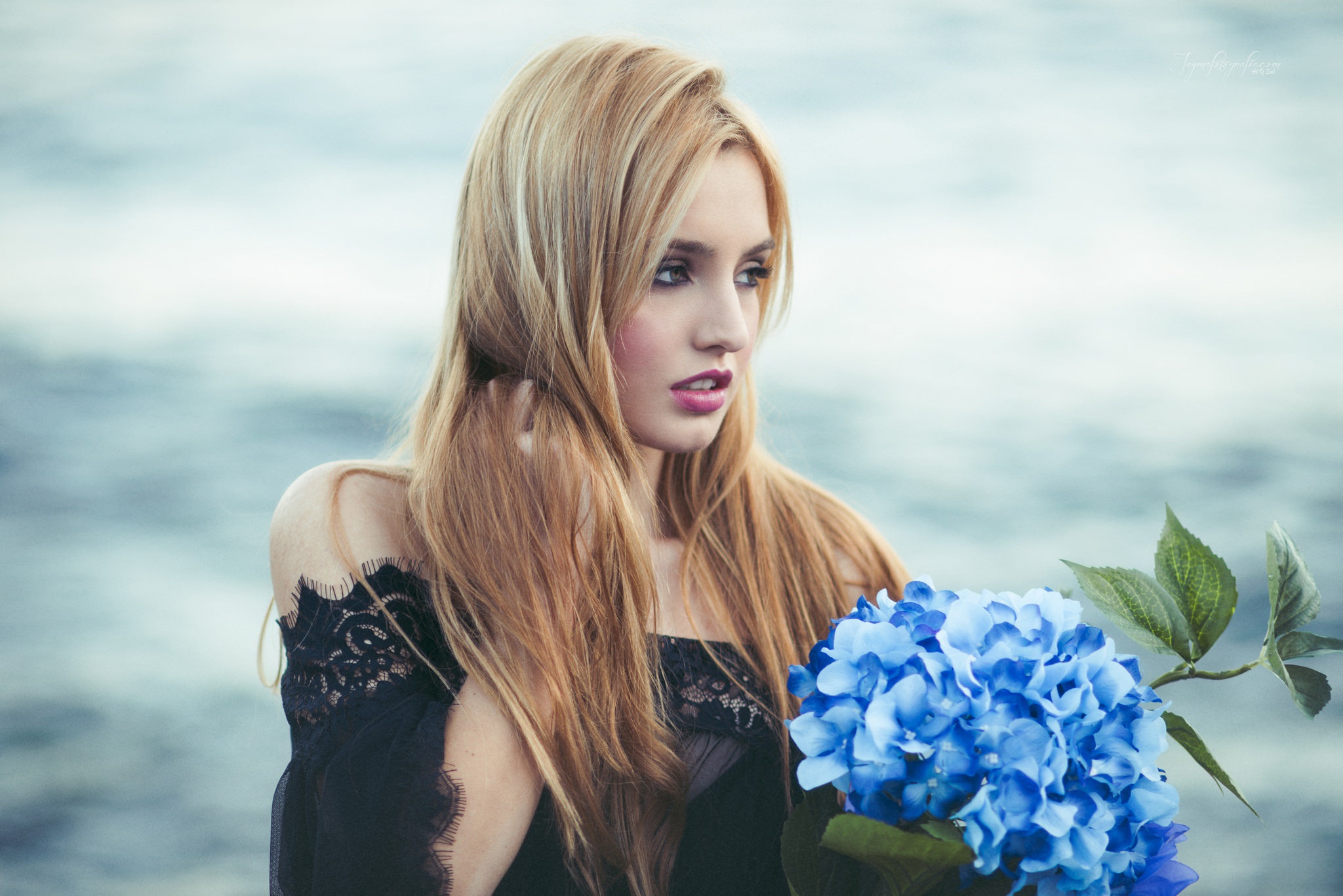 Free download wallpaper Flower, Blonde, Hydrangea, Model, Women, Long Hair, Blue Flower on your PC desktop
