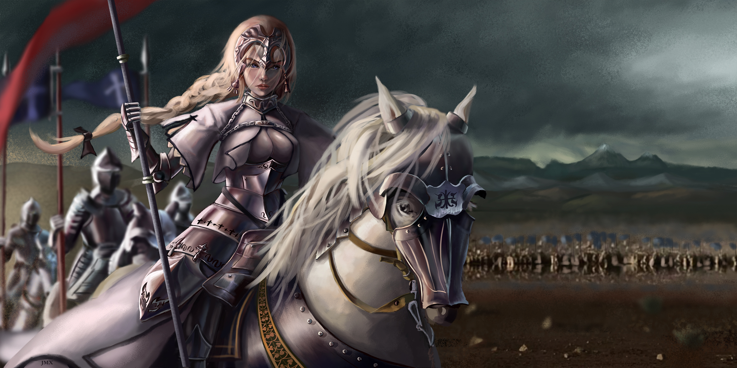 anime, fate/grand order, armor, army, blonde, blue eyes, braid, horse, jeanne d'arc (fate series), lance, long hair, ruler (fate/apocrypha), weapon, fate series