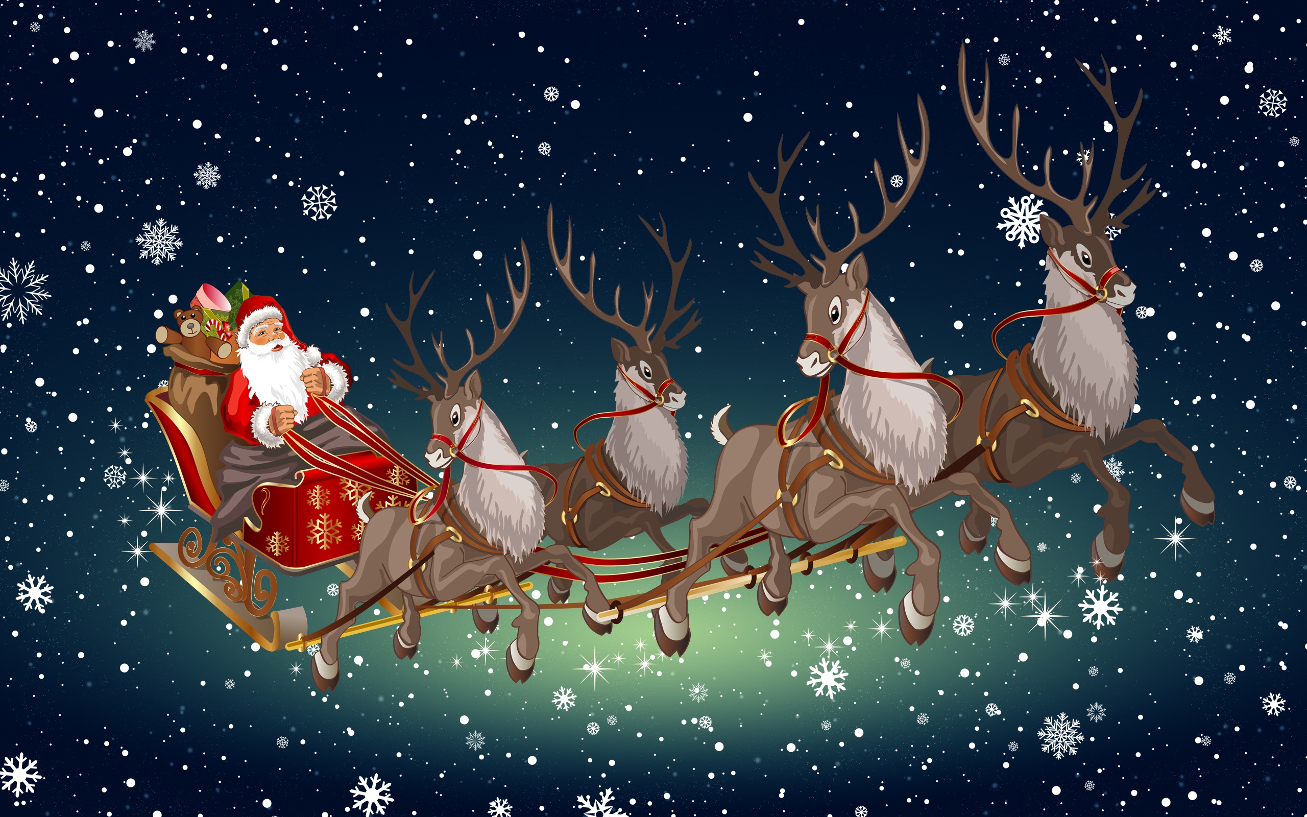Download mobile wallpaper Christmas, Holiday, Sleigh, Snowflake, Santa, Reindeer for free.