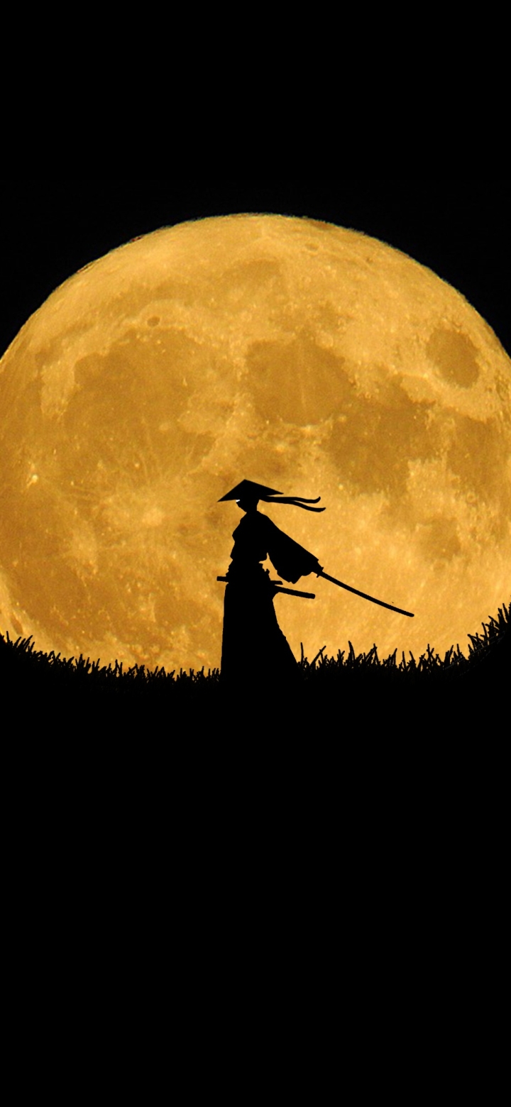 Download mobile wallpaper Fantasy, Moon, Samurai for free.