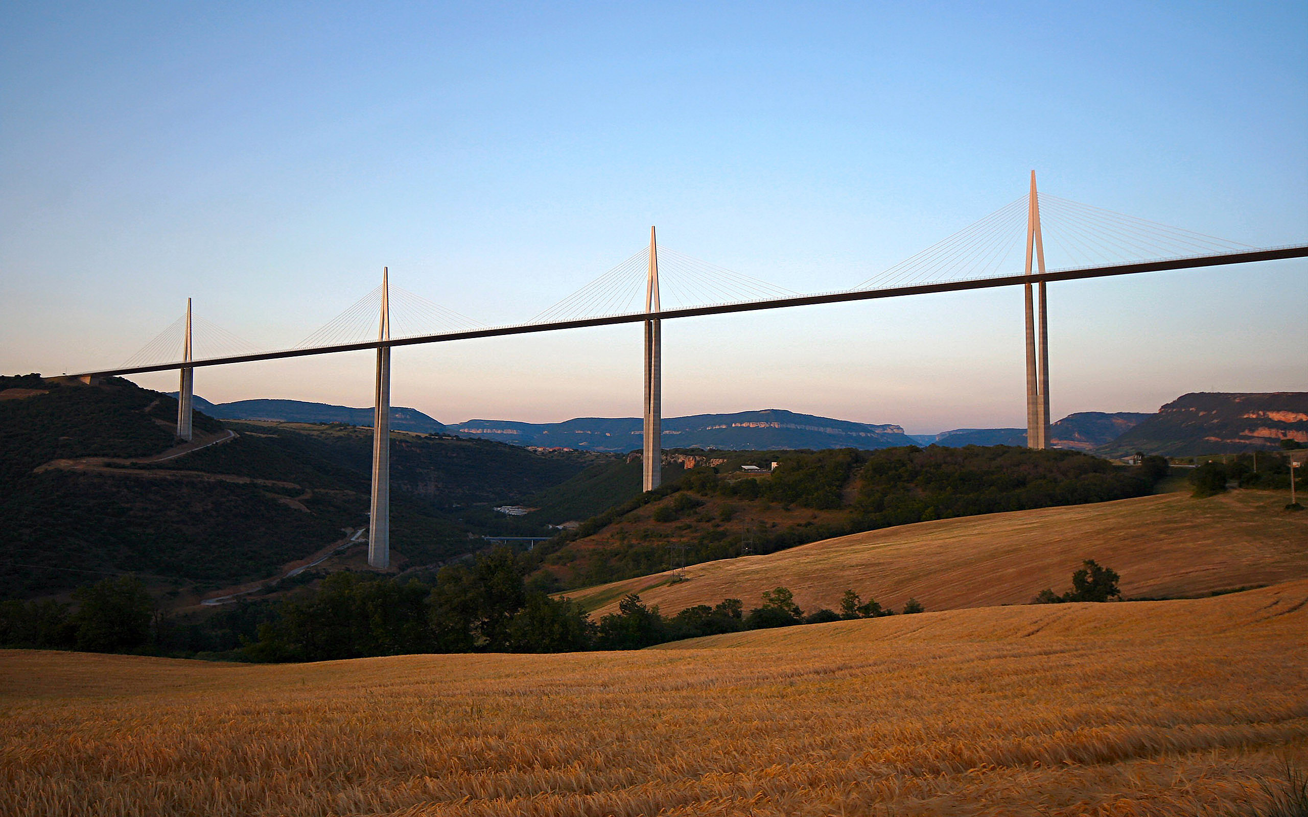 man made, millau viaduct, bridge, field, mountain, sunset