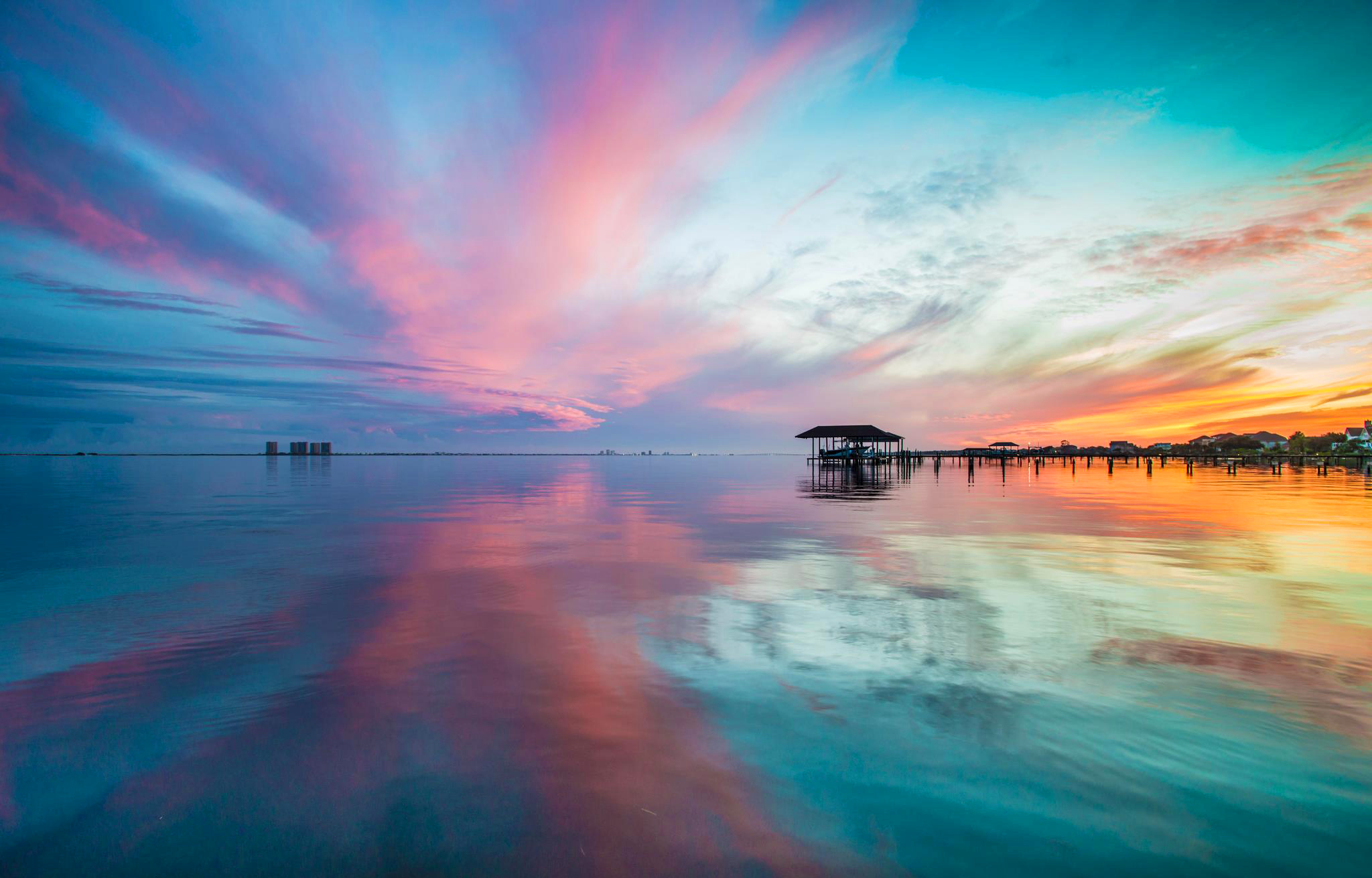 Free download wallpaper Sunset, Sea, Pink, Reflection, Pier, Ocean, Photography on your PC desktop