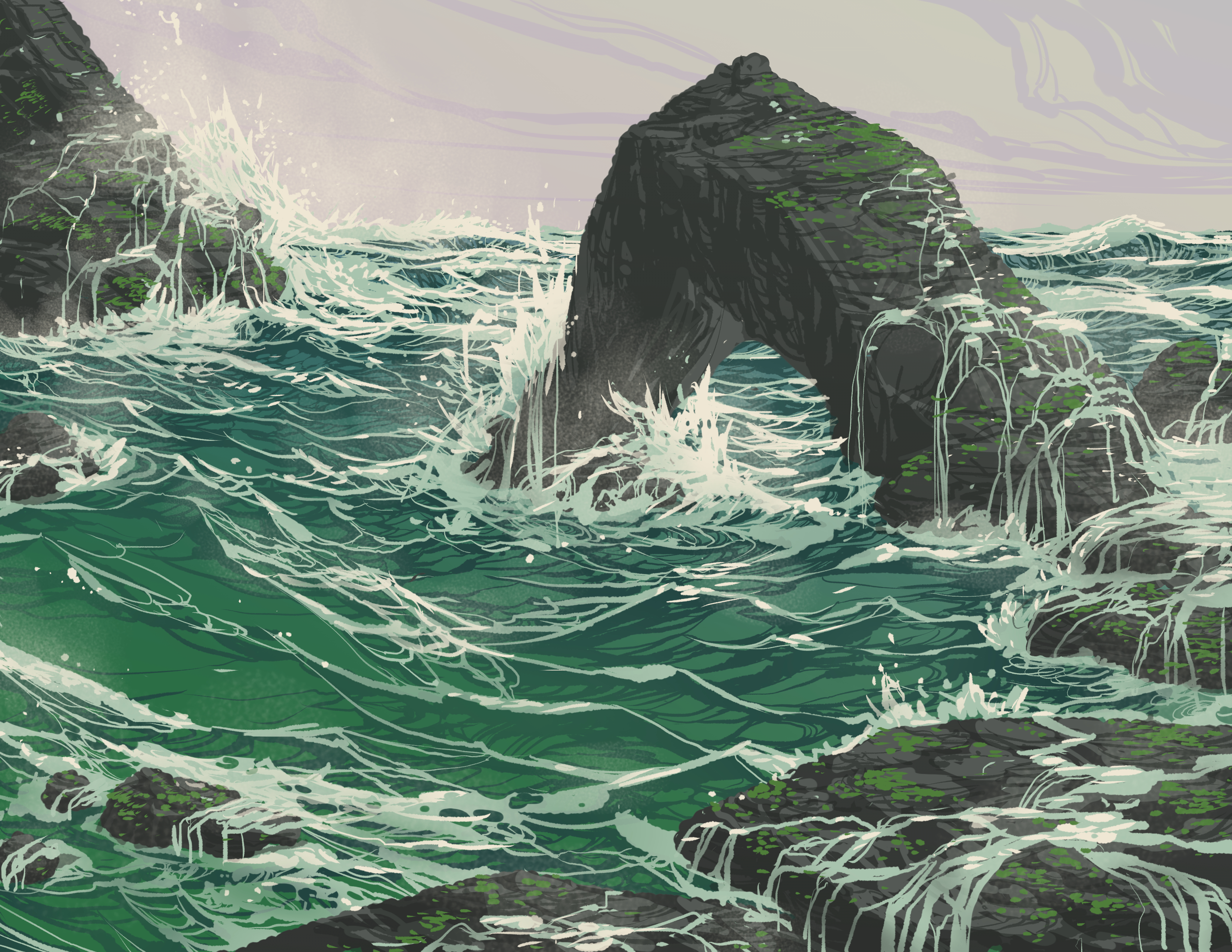 Download mobile wallpaper Vector, Rock, Waves, Sea, Art for free.