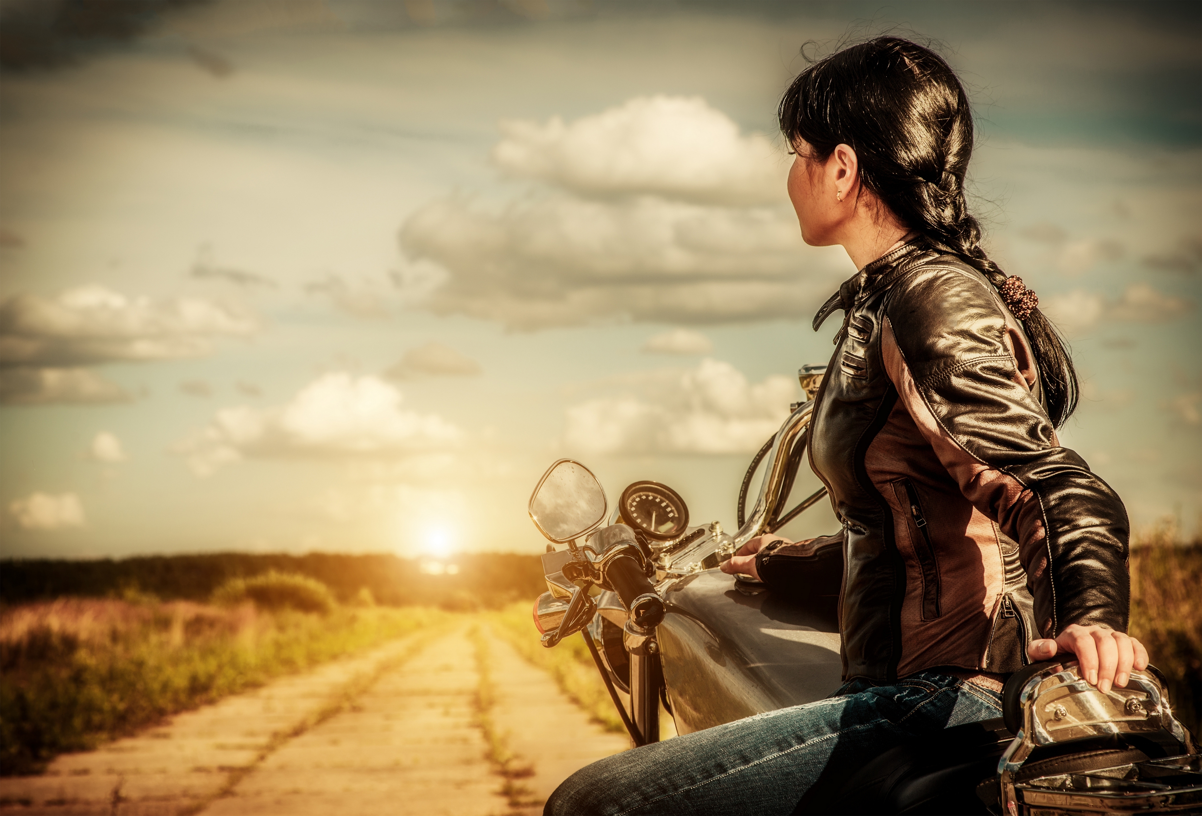 Download mobile wallpaper Sunset, Motorcycle, Women, Girls & Motorcycles for free.