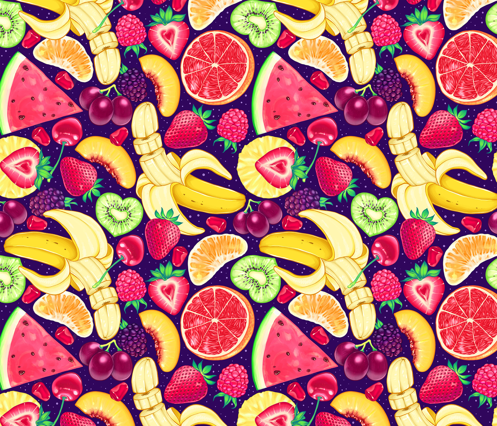 Download background bright, strawberry, art, cherry, grapes, kiwi, raspberry, blackberry, orange, pattern, watermelon, banana, appetizing, mango