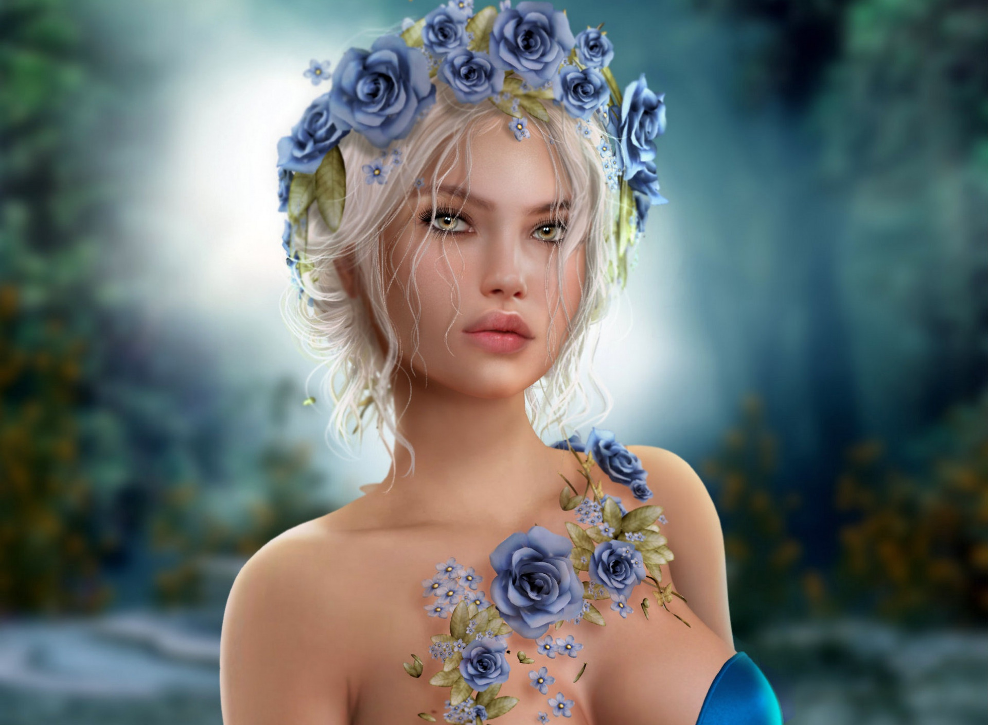 Téléchargez gratuitement l'image Fantaisie, Rose, Fleur, Couronne, Femmes, Cheveux Blancs, Fleur Bleue sur le bureau de votre PC