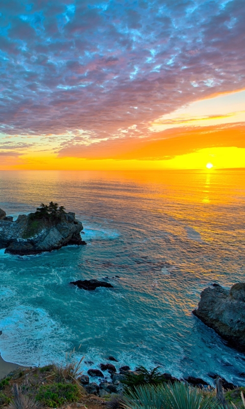 Скачать картинку Закат, Море, Горизонт, Океан, Калифорния, Биг Сур, Земля/природа, Закат Солнца в телефон бесплатно.