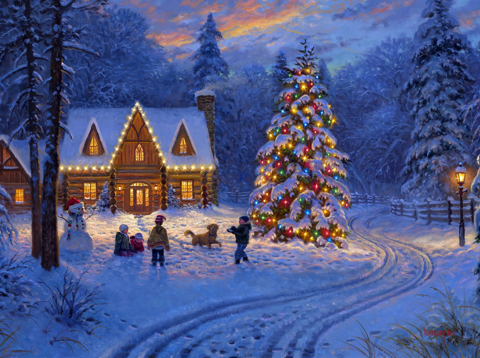 Скачать обои бесплатно Снег, Свет, Рождество, Дом, Снеговик, Рождественская Елка, Ребёнок, Праздничные картинка на рабочий стол ПК