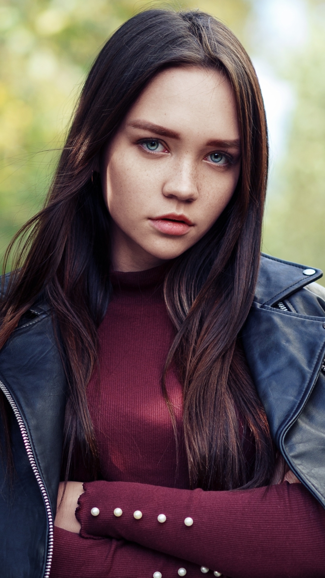 Download mobile wallpaper Brunette, Model, Women, Blue Eyes, Leather Jacket for free.