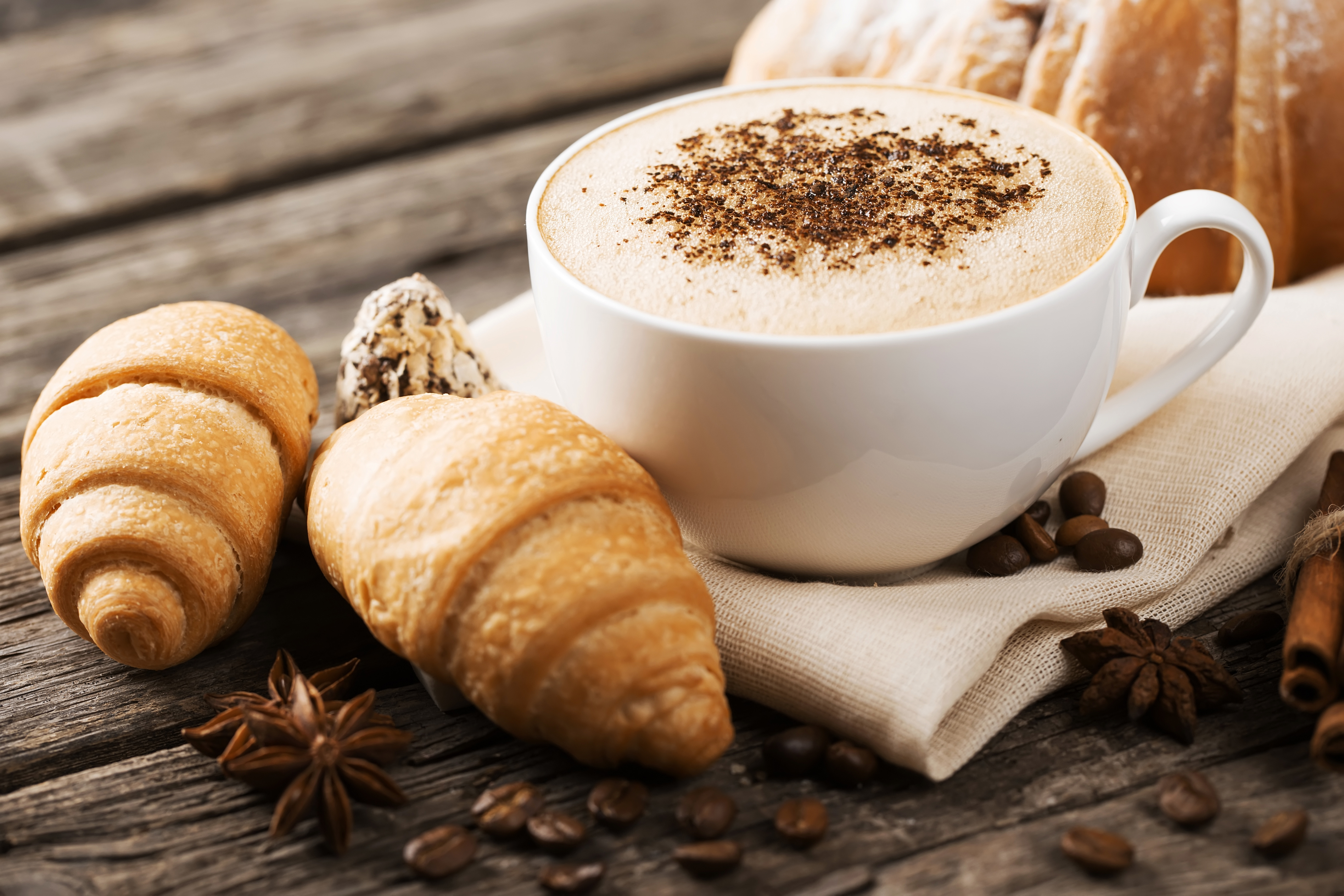 Download mobile wallpaper Food, Coffee, Still Life, Cup, Drink, Croissant, Star Anise for free.
