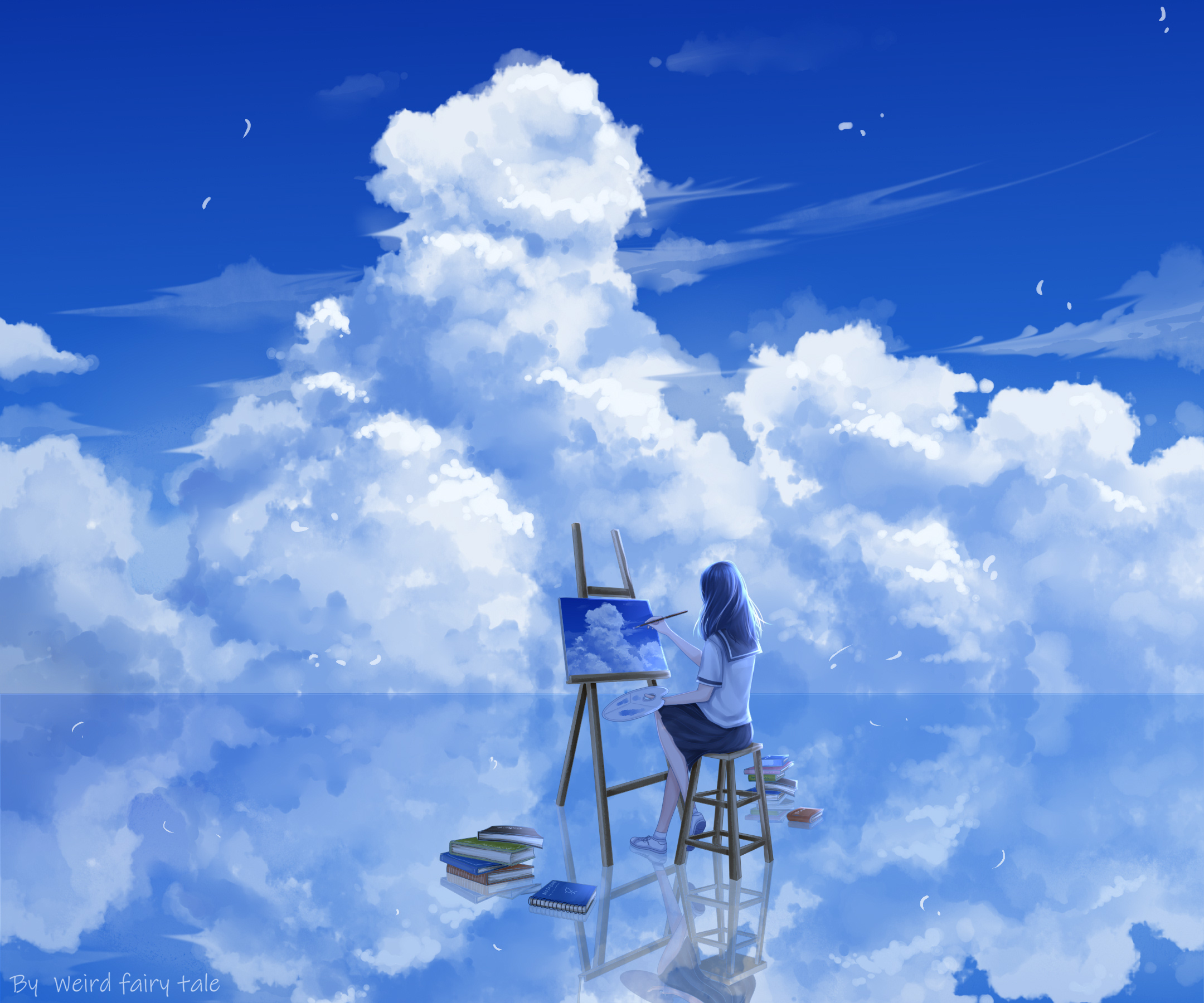 Download mobile wallpaper Anime, Reflection, Girl, Painting, Cloud, Blue Hair, School Uniform for free.