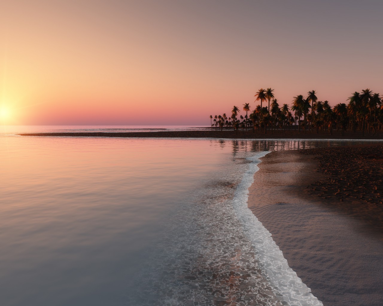 Handy-Wallpaper Landschaft, Sunset, Palms, Sea, Strand kostenlos herunterladen.