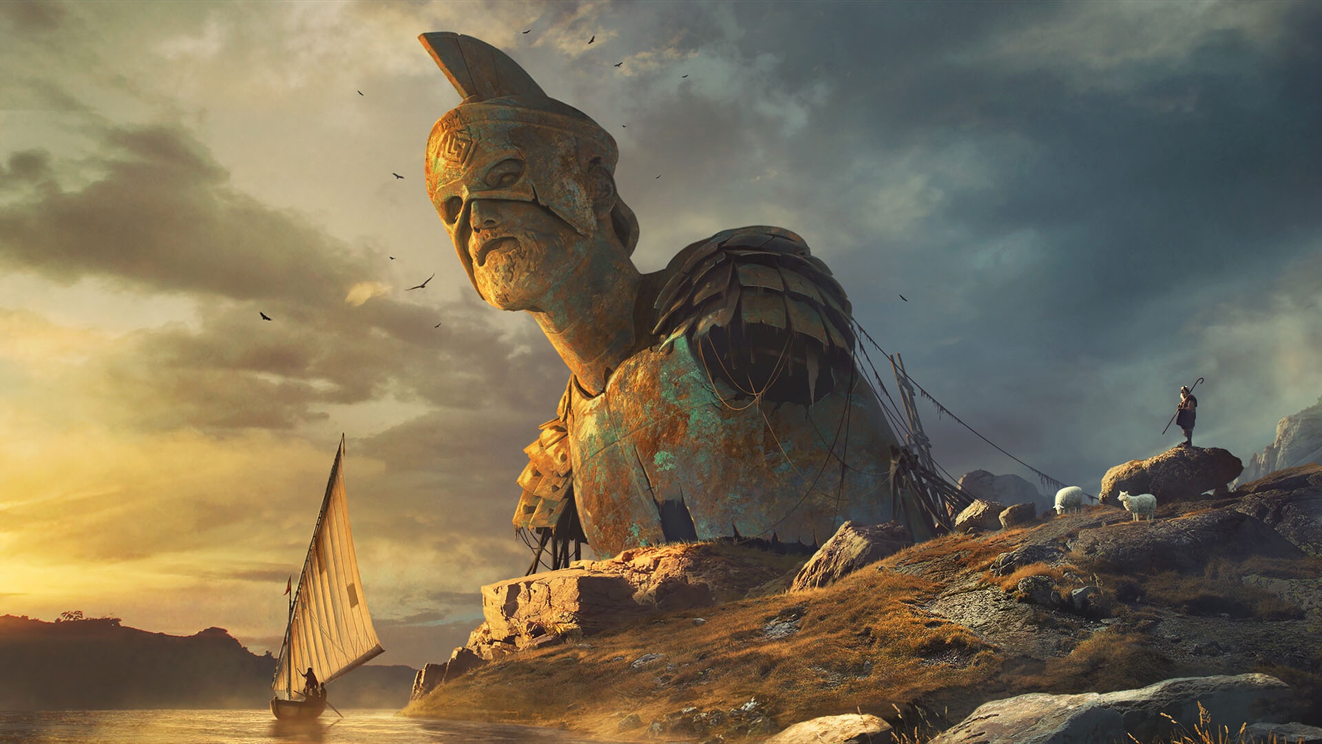 Free download wallpaper Fantasy, Boat, Statue on your PC desktop