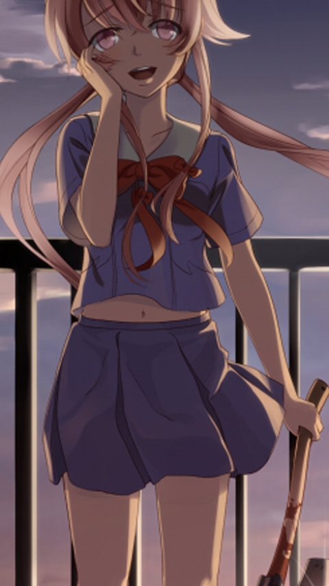 vertical wallpaper anime, mirai nikki, pink hair, school uniform, pink eyes, future diary, yuno gasai, blood, yandere