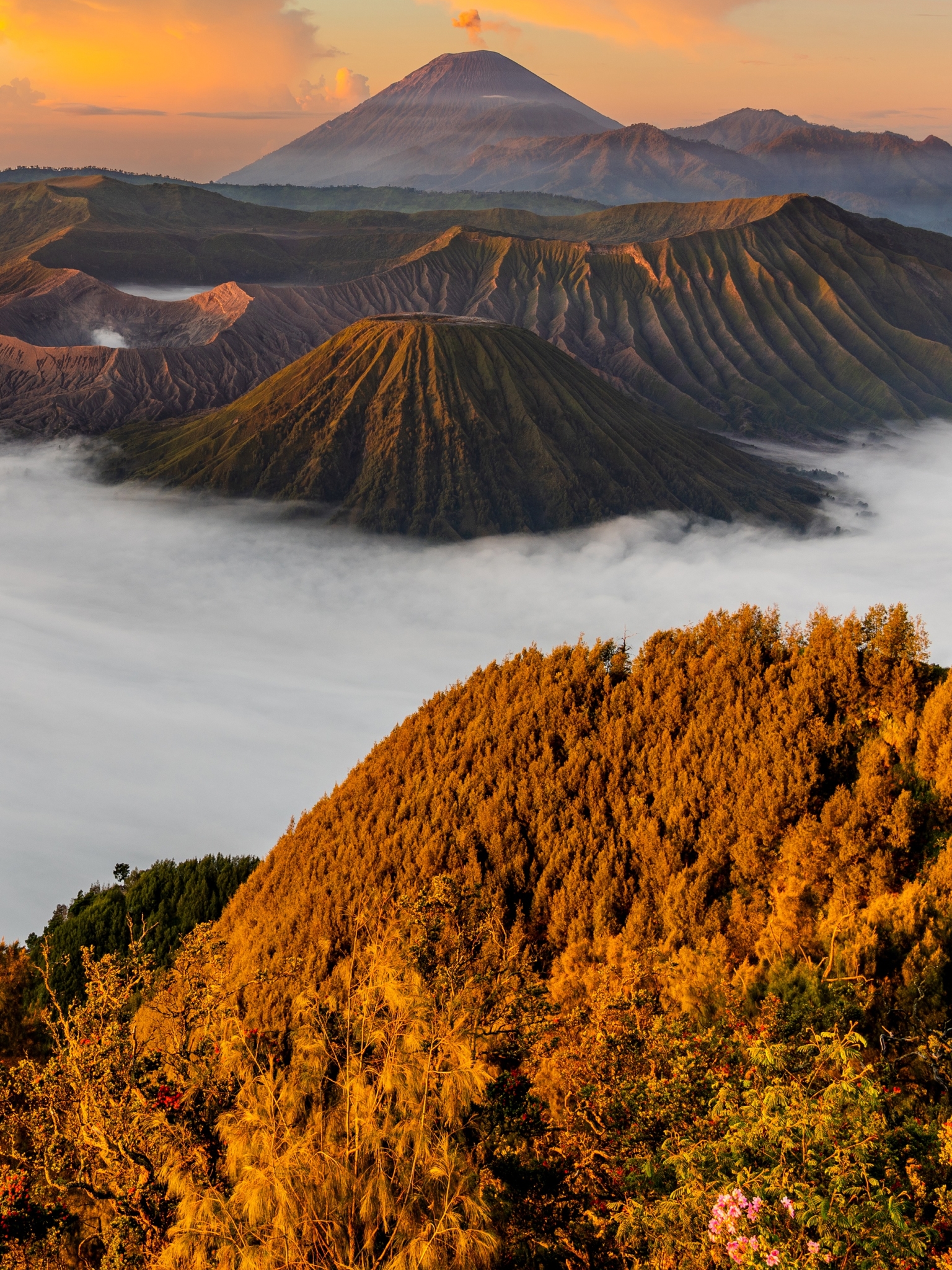 Download mobile wallpaper Landscape, Mountain, Fog, Earth, Cloud, Volcano, Indonesia, Mount Bromo, Volcanoes for free.