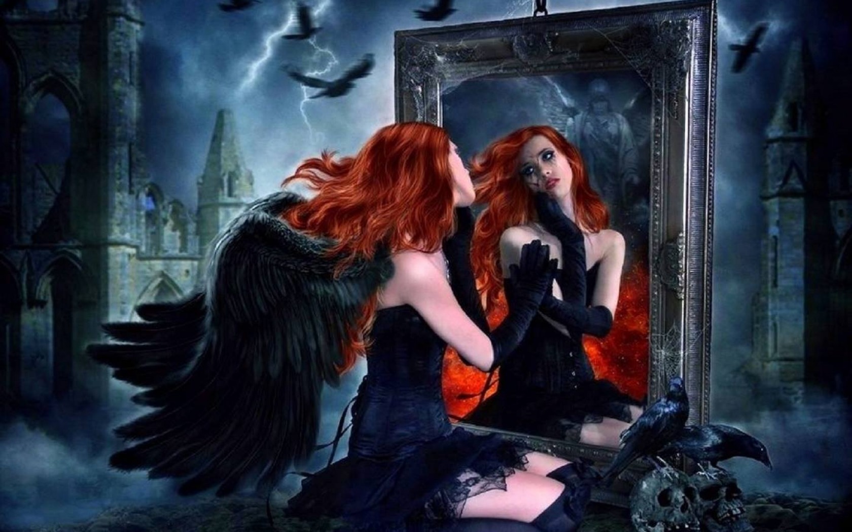 fantasy, angel, dark angel, mirror, redhead, wings