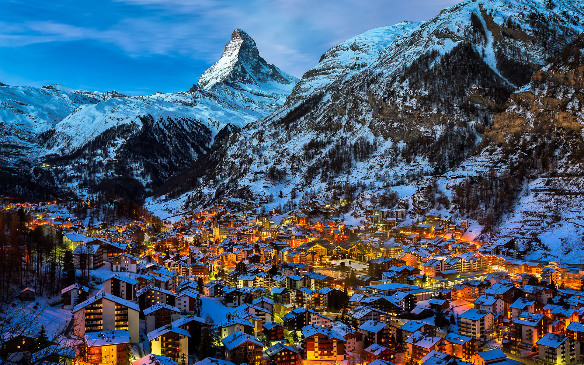 zermatt, man made, alps, city, light, night, towns