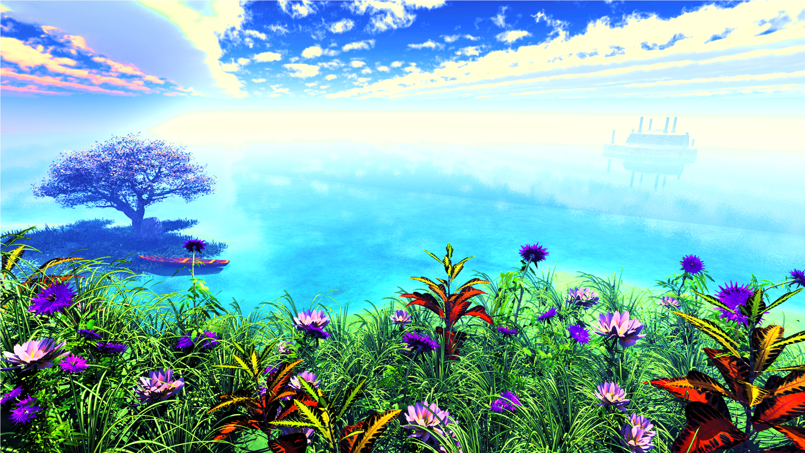 Download mobile wallpaper Anime, Water, Grass, Sky, Flower, Tree, 3D, Ocean, Colorful, Cloud, Original, Cgi for free.