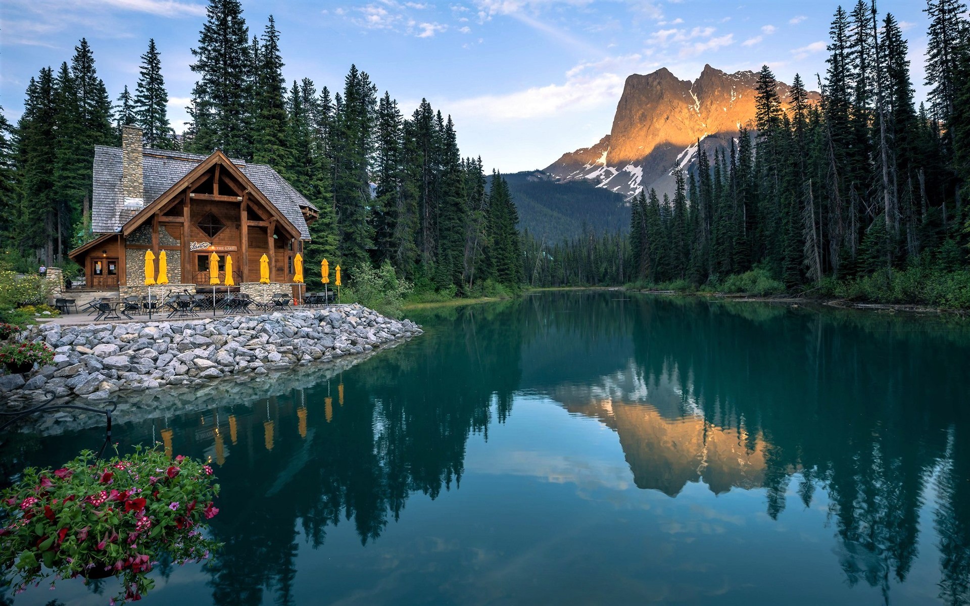 cabin, wooden, man made, lake, mountain, restaurant, tree