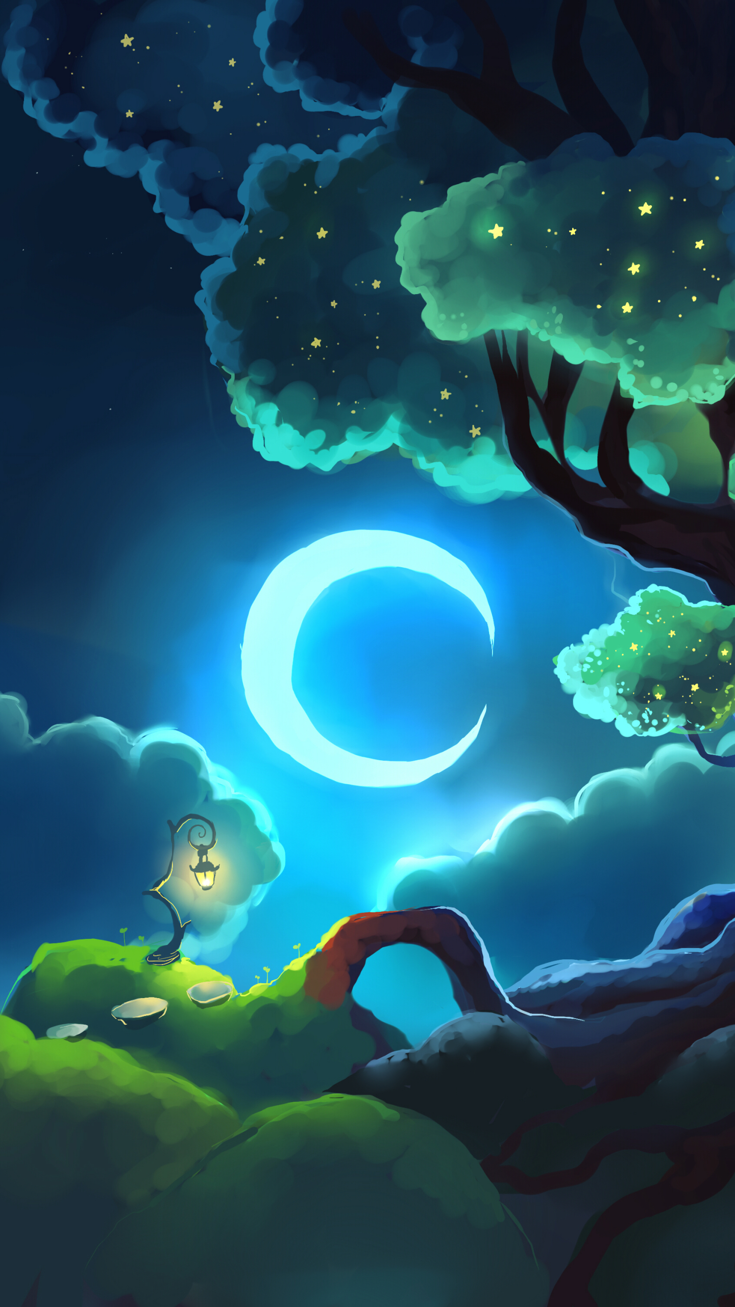 artistic, tree, painting, crescent, roots, moon, stars