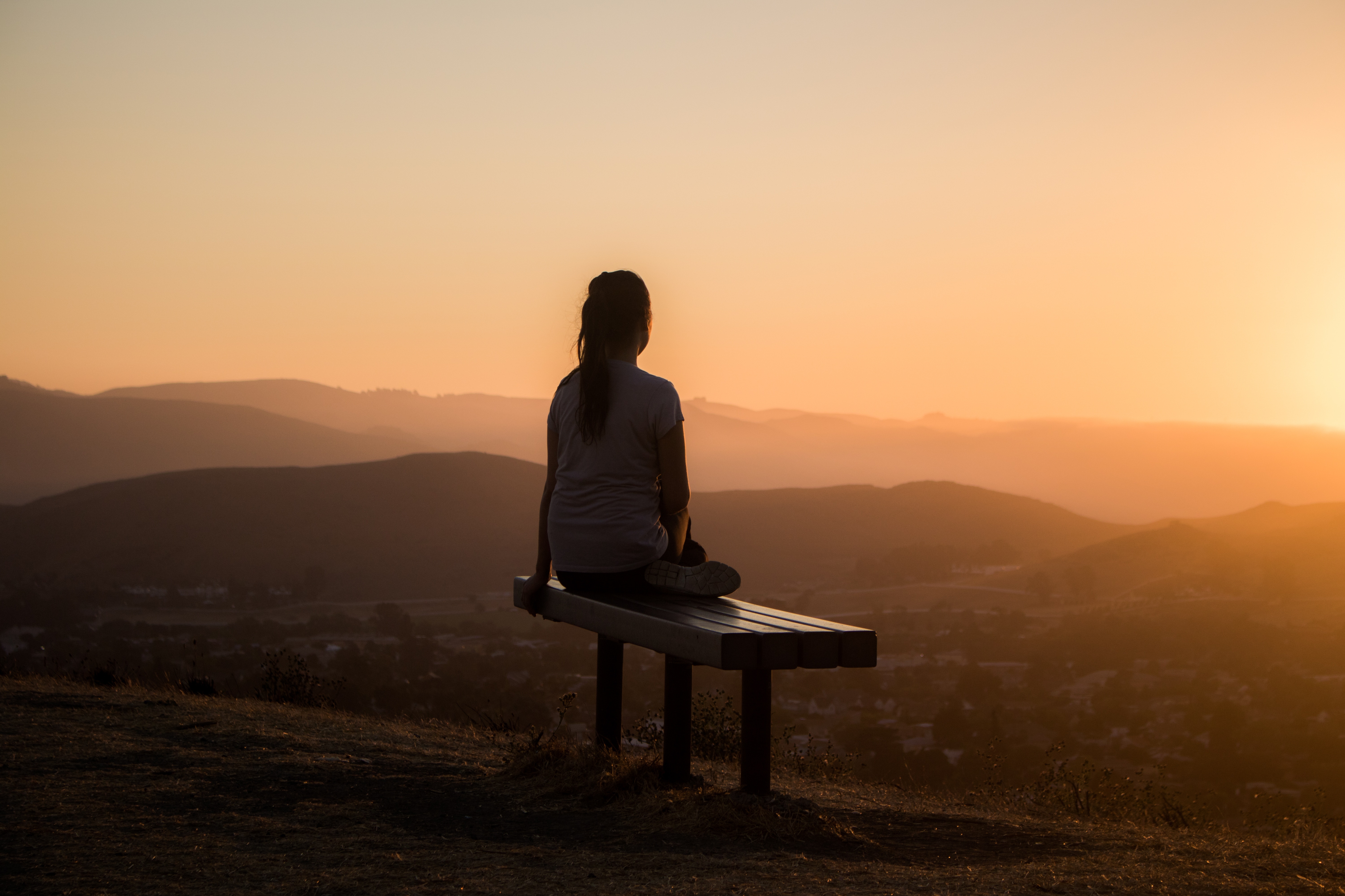 privacy, loneliness, girl, bench, dark, sunset, mountains, seclusion Full HD