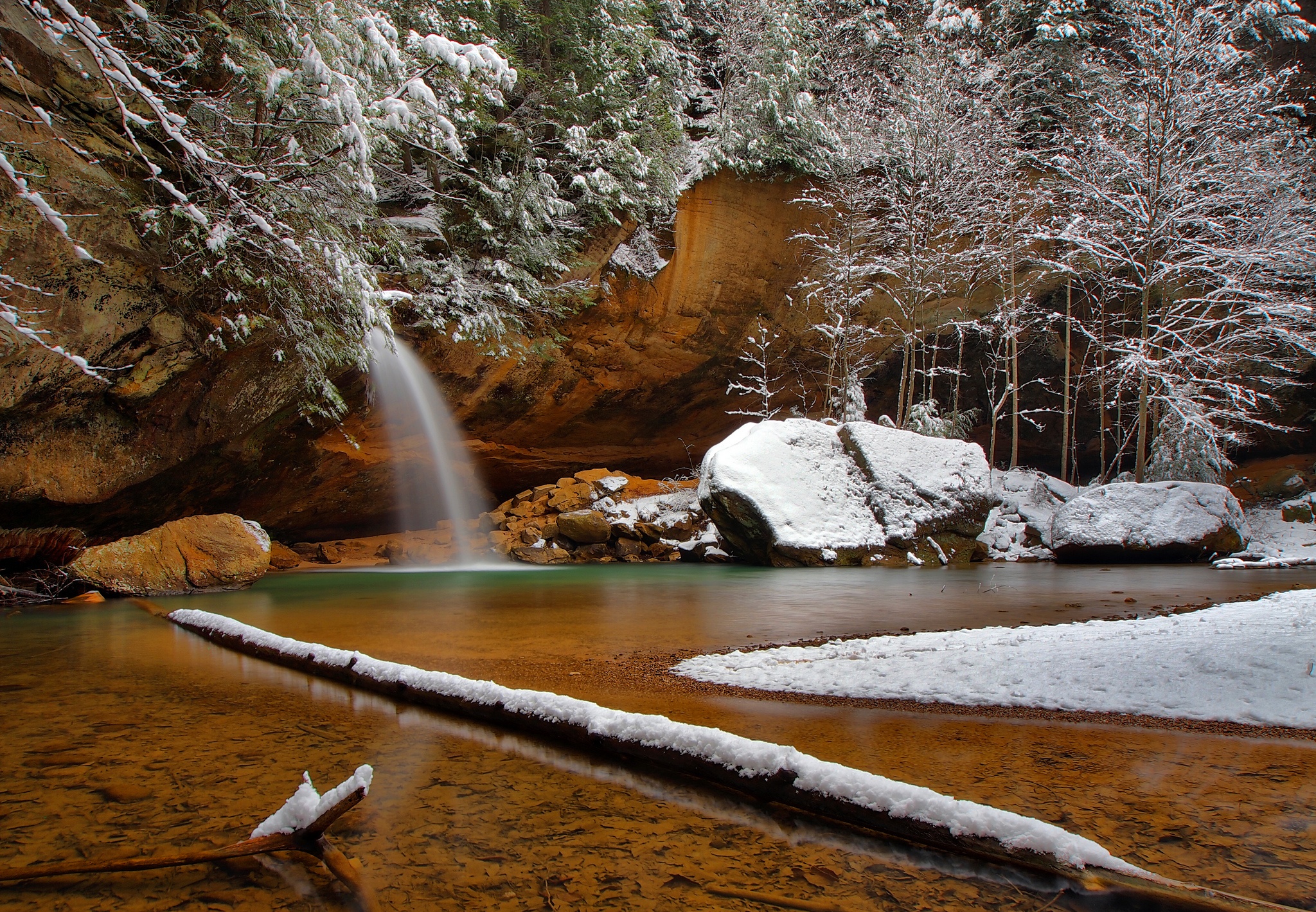 Download mobile wallpaper Winter, Nature, Waterfalls, Snow, Lake, Waterfall, Earth for free.