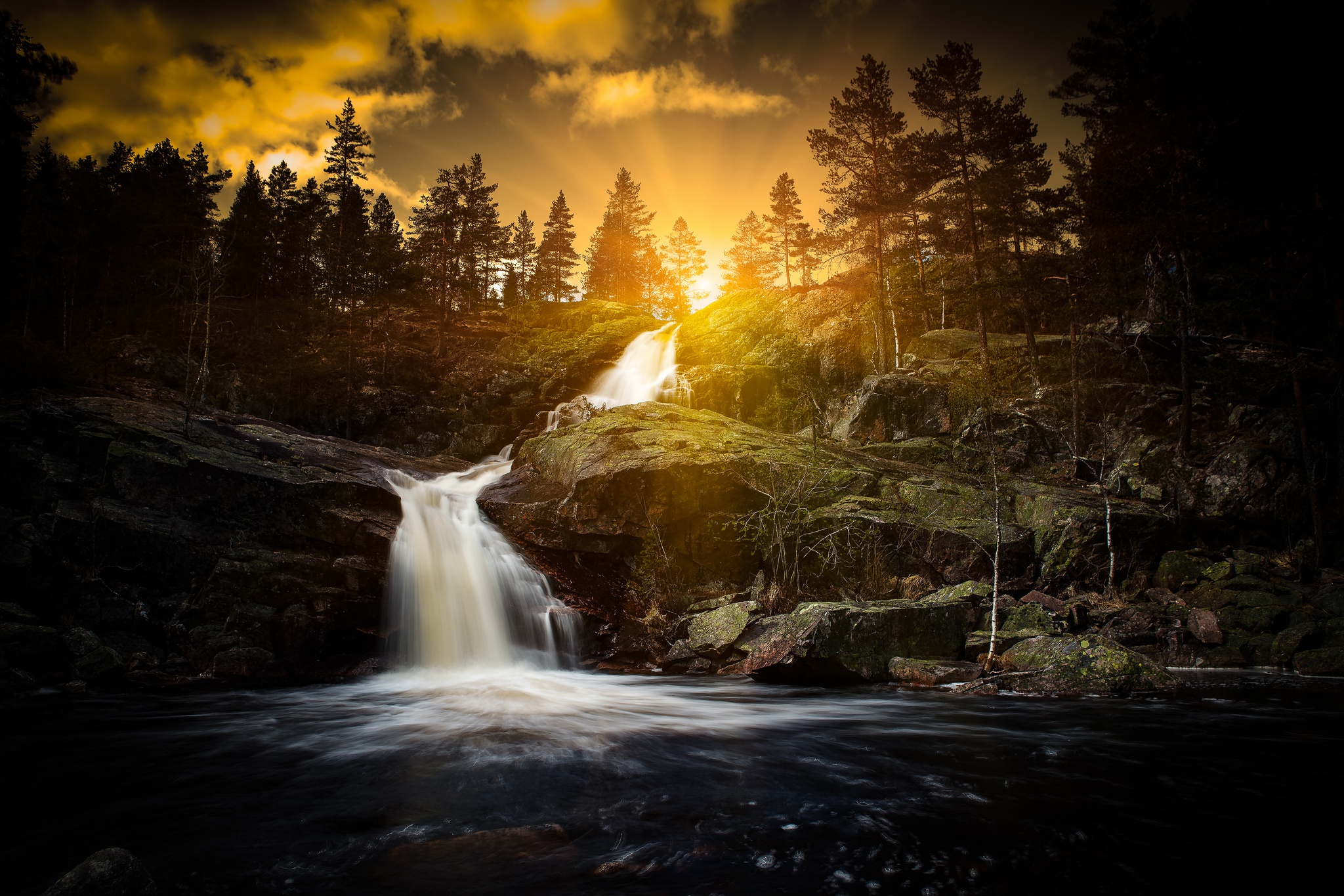 Free download wallpaper Nature, Waterfalls, Waterfall, Sunrise, Earth, Foam, Sunbeam on your PC desktop
