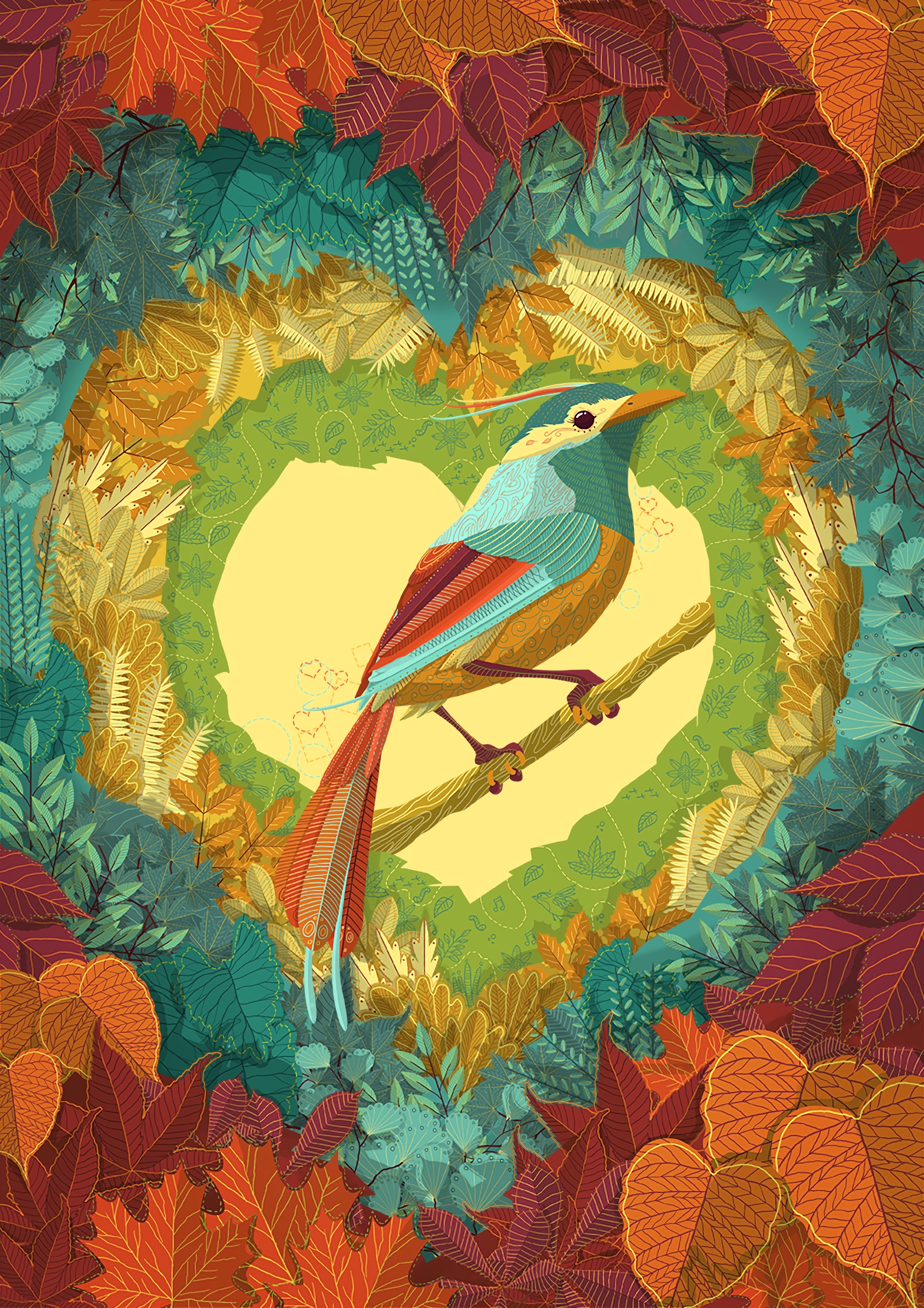 vector, art, heart, leaves, bird mobile wallpaper