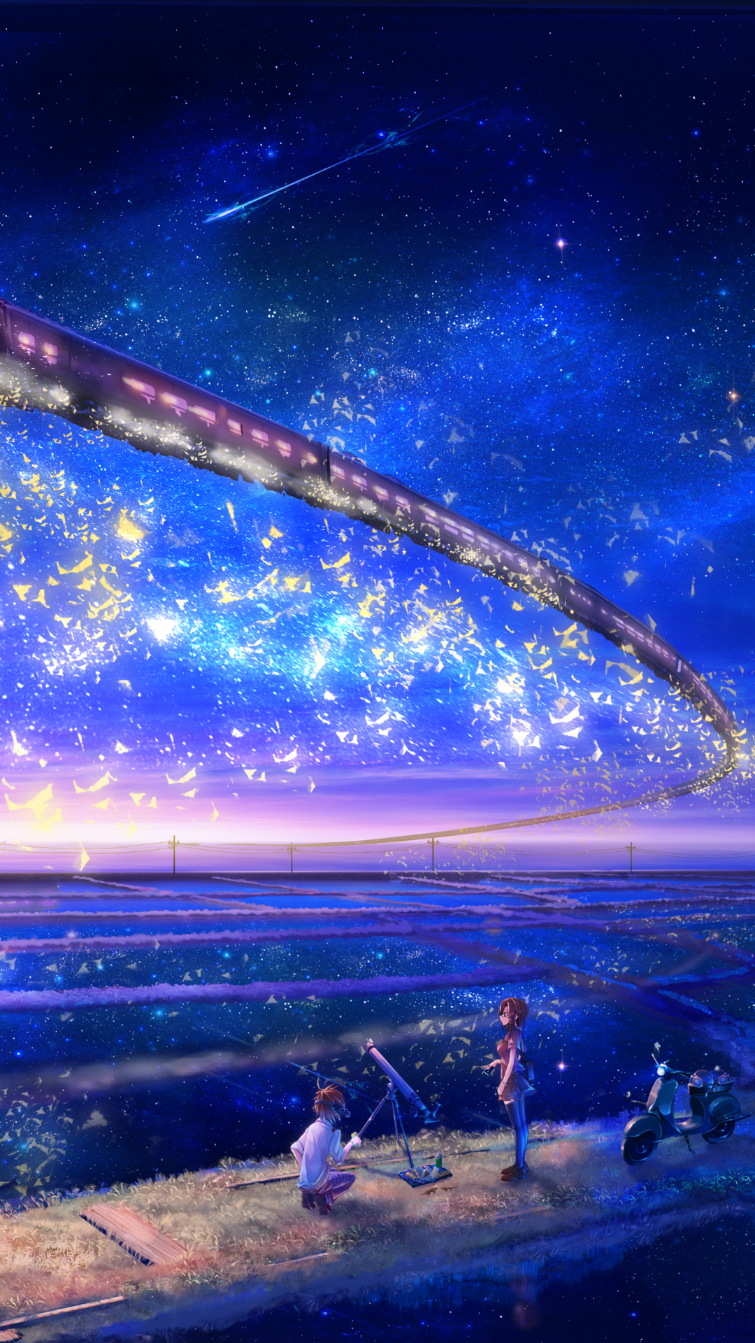 Download mobile wallpaper Anime, Landscape, Stars, Night, Train for free.