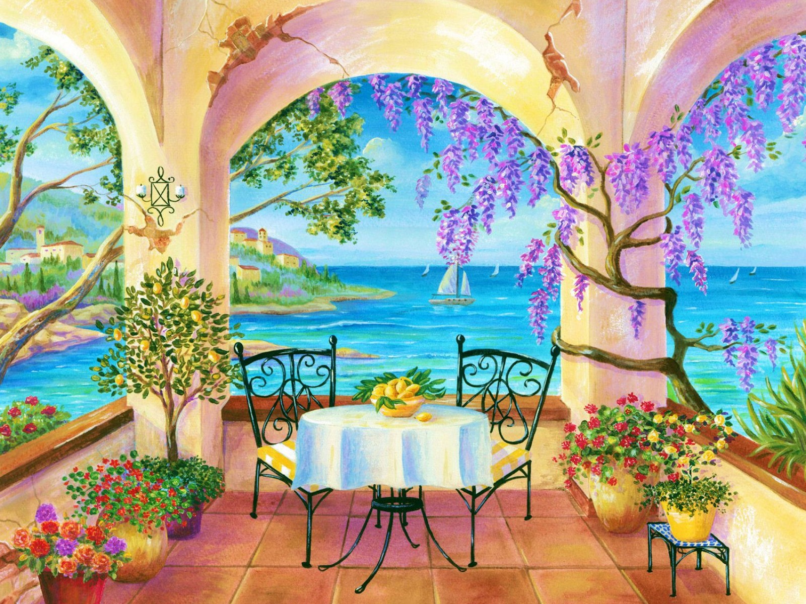 artistic, painting, columns, flower, ocean, porch, tropical