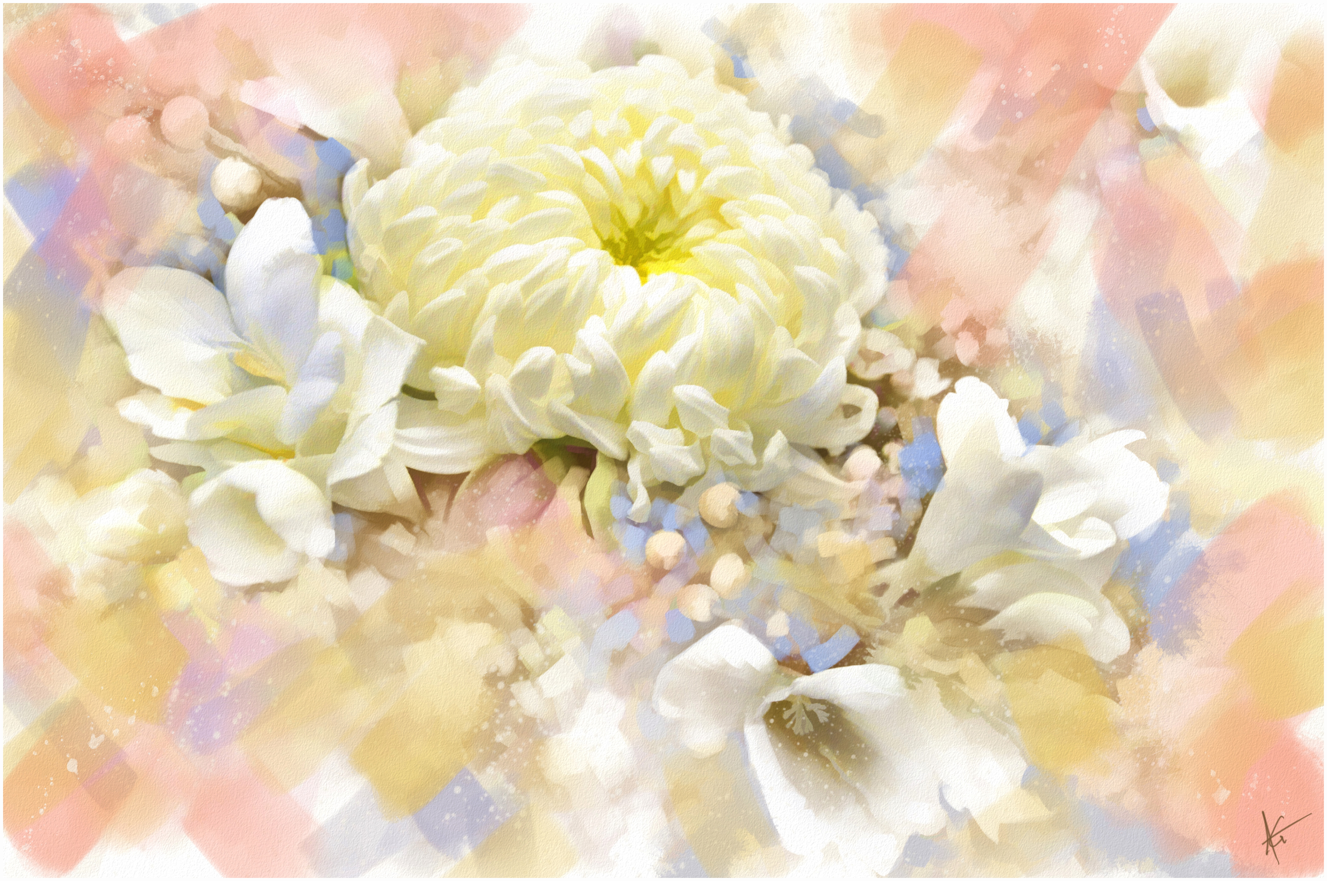Скачати мобільні шпалери Квітка, Художній, Живопис, Хризантема, Біла Квітка, Флауерзи безкоштовно.
