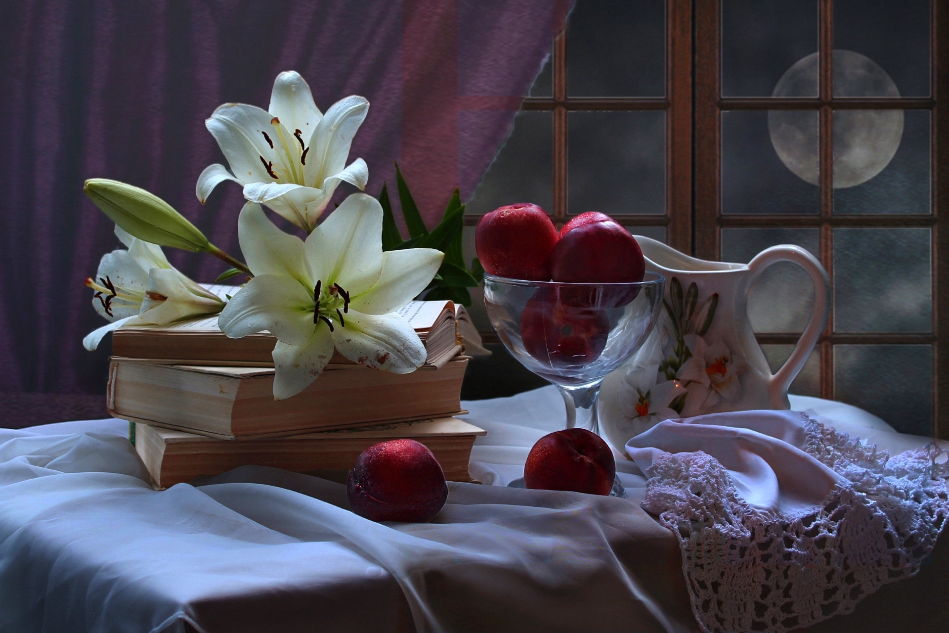 Download mobile wallpaper Moon, Still Life, Window, Fruit, Book, Lily, Photography, Pitcher for free.
