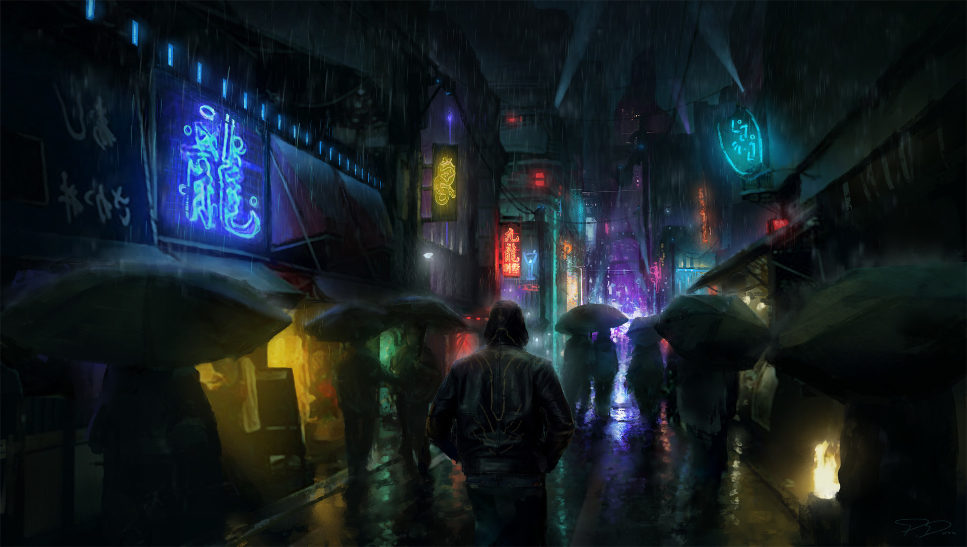 Handy-Wallpaper Menschen, Regen, Licht, Cyberpunk, Science Fiction, Regenschirm, Nacht kostenlos herunterladen.
