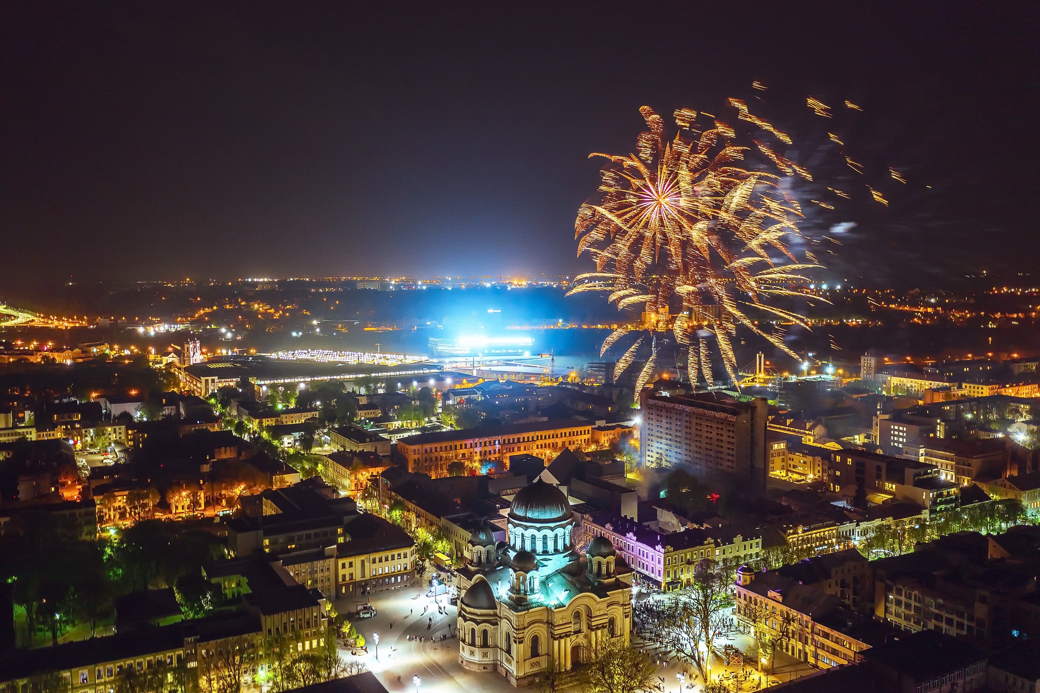 photography, fireworks, building, city, kaunas, lithuania, night