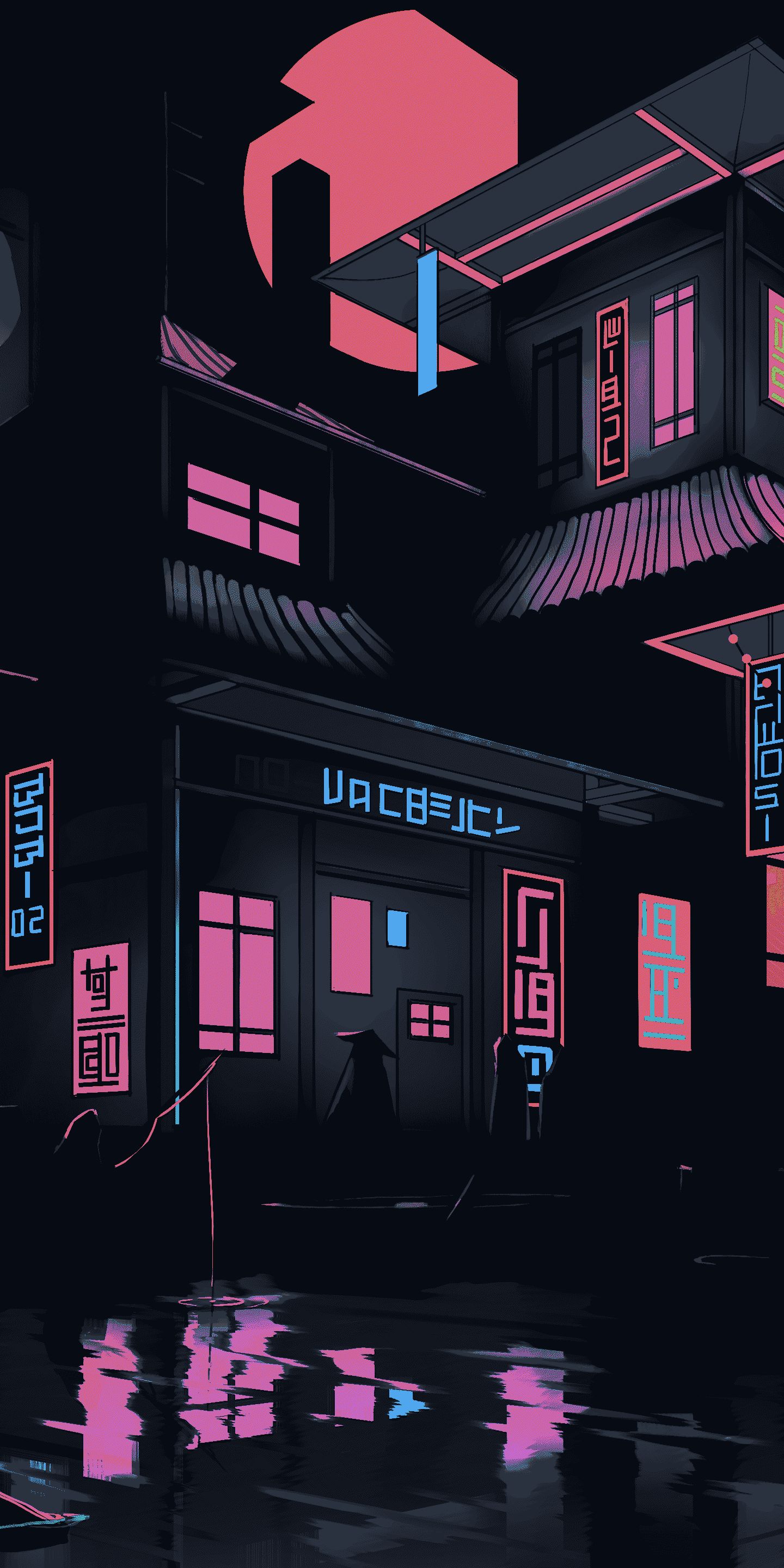 Download mobile wallpaper Night, Building, Neon, Artistic for free.