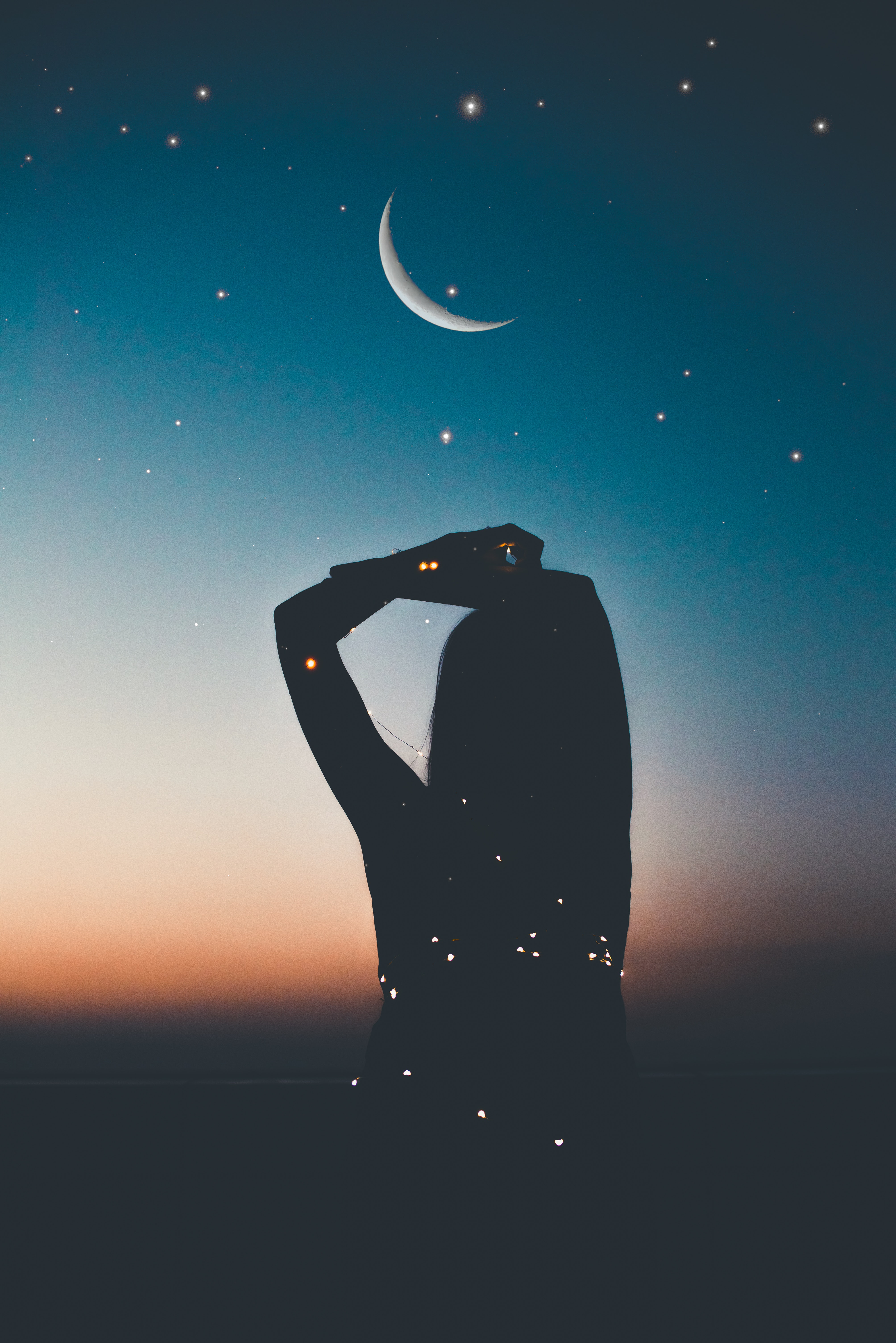 Download mobile wallpaper Stars, Night, Starry Sky, Silhouette, Dark, Moon for free.