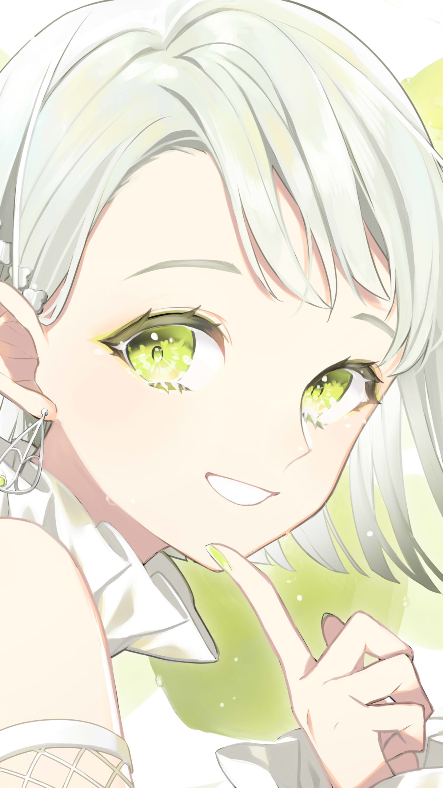 Download mobile wallpaper Anime, Lime, Girl, Earrings, Green Eyes, Short Hair, White Hair for free.