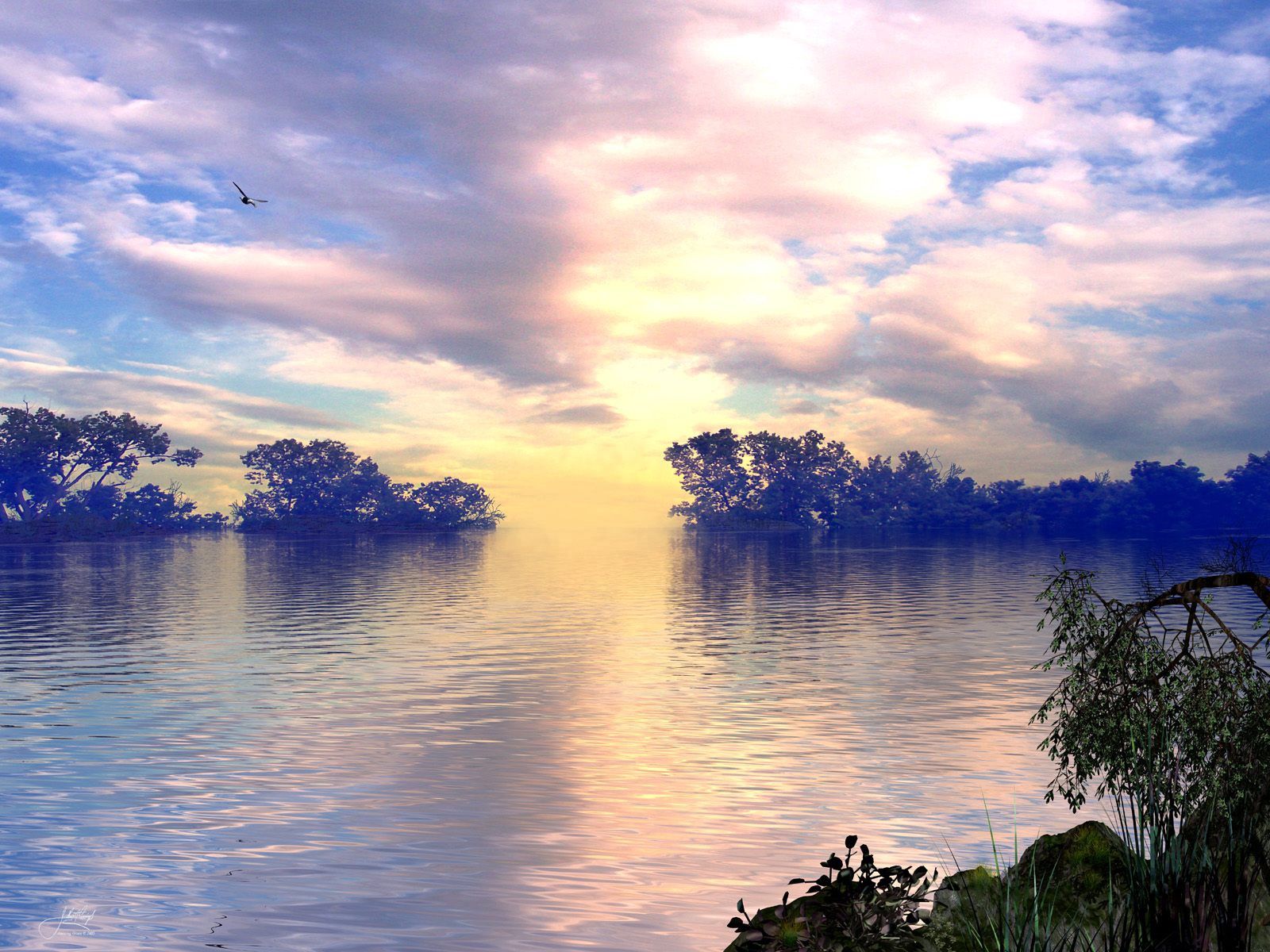 Descarga gratis la imagen Naturaleza, Nubes, Cielo, Árboles, Lago, Pájaro, Vuelo en el escritorio de tu PC