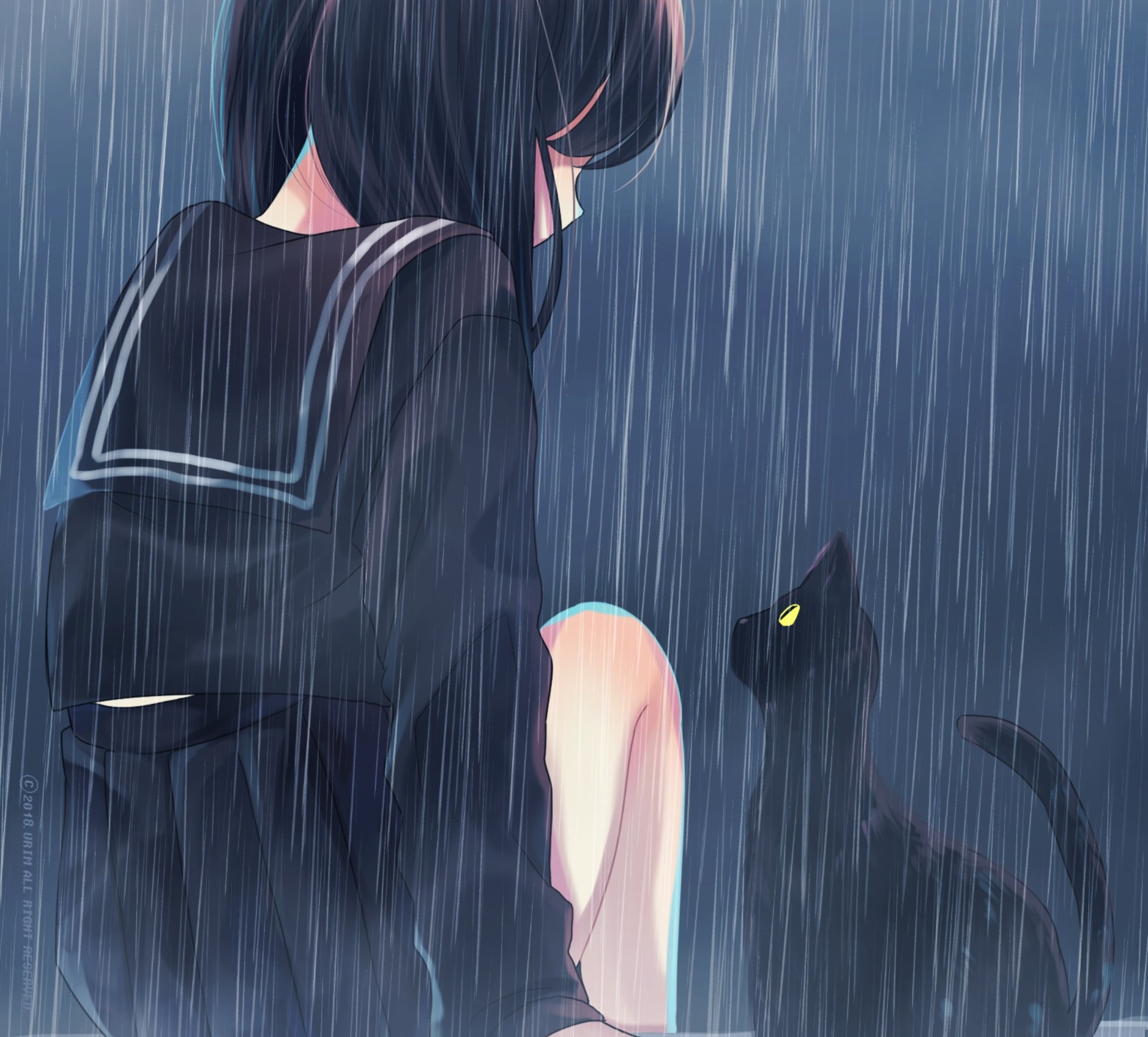Download mobile wallpaper Anime, Rain, Cat, Original for free.