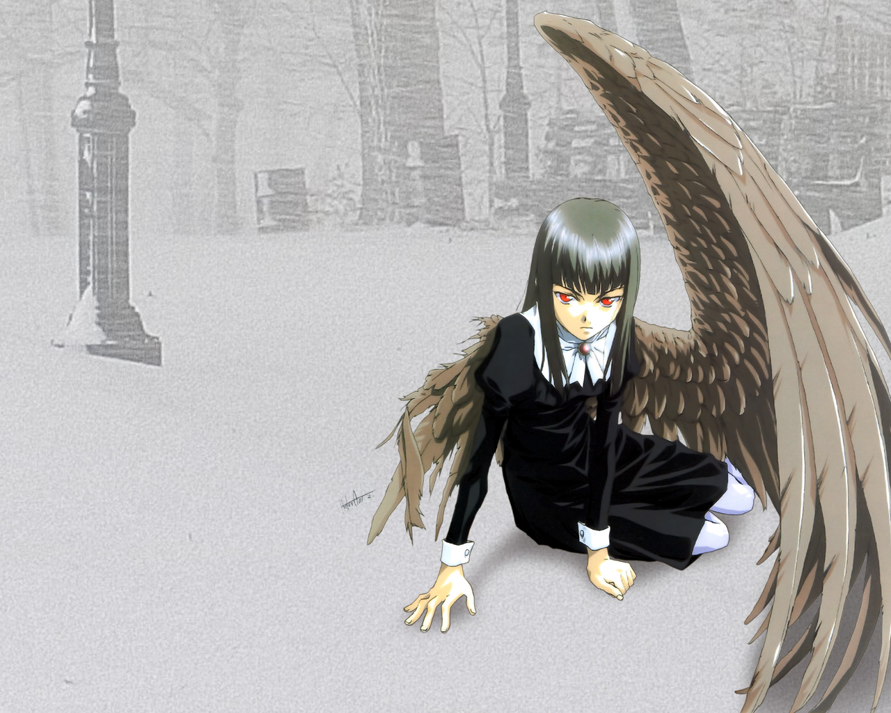 Laden Sie das Engel, Flügel, Rote Augen, Animes, Schwarzes Kleid-Bild kostenlos auf Ihren PC-Desktop herunter