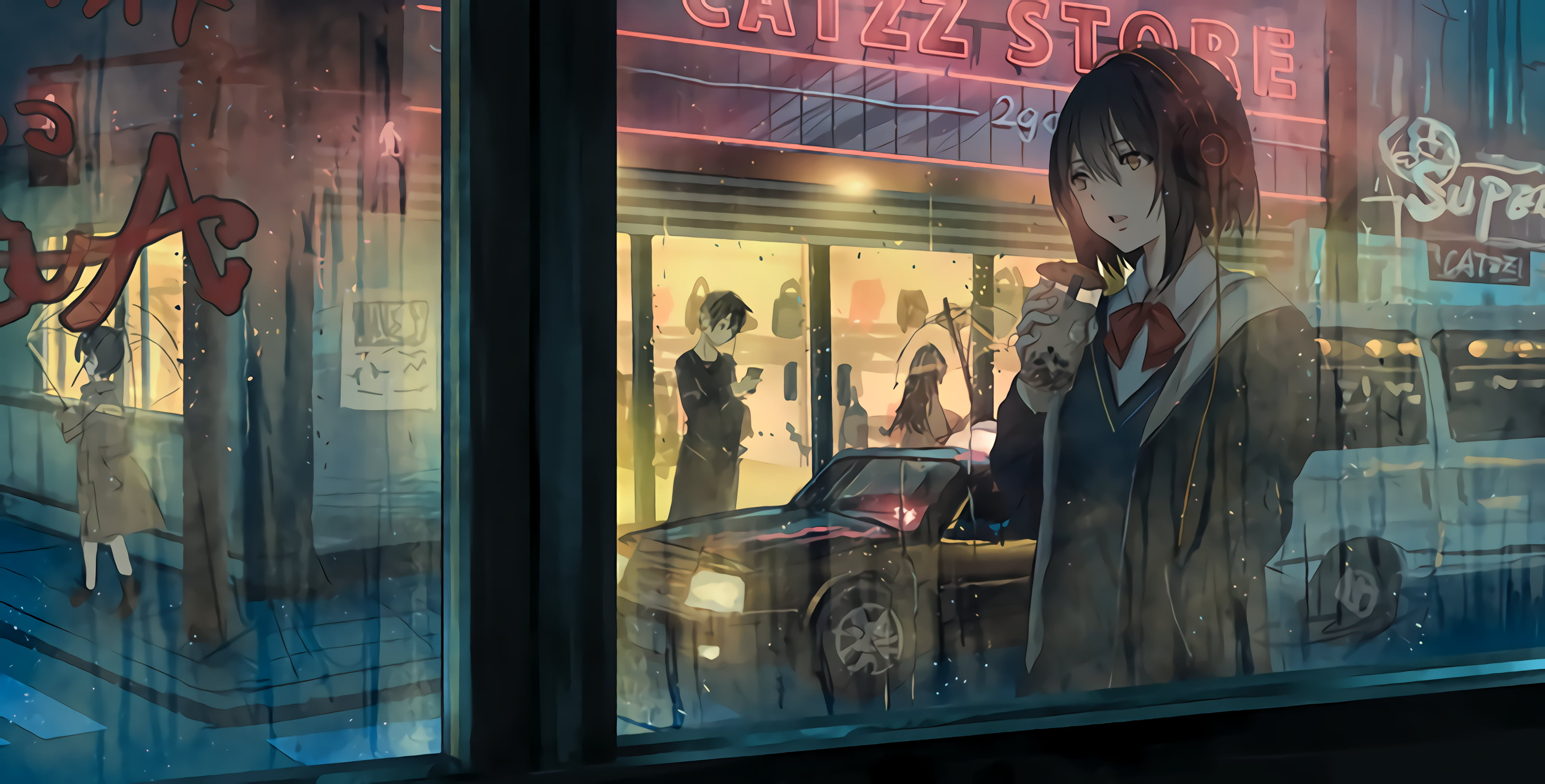 Download mobile wallpaper Anime, Rain, Night, Girl, Street for free.