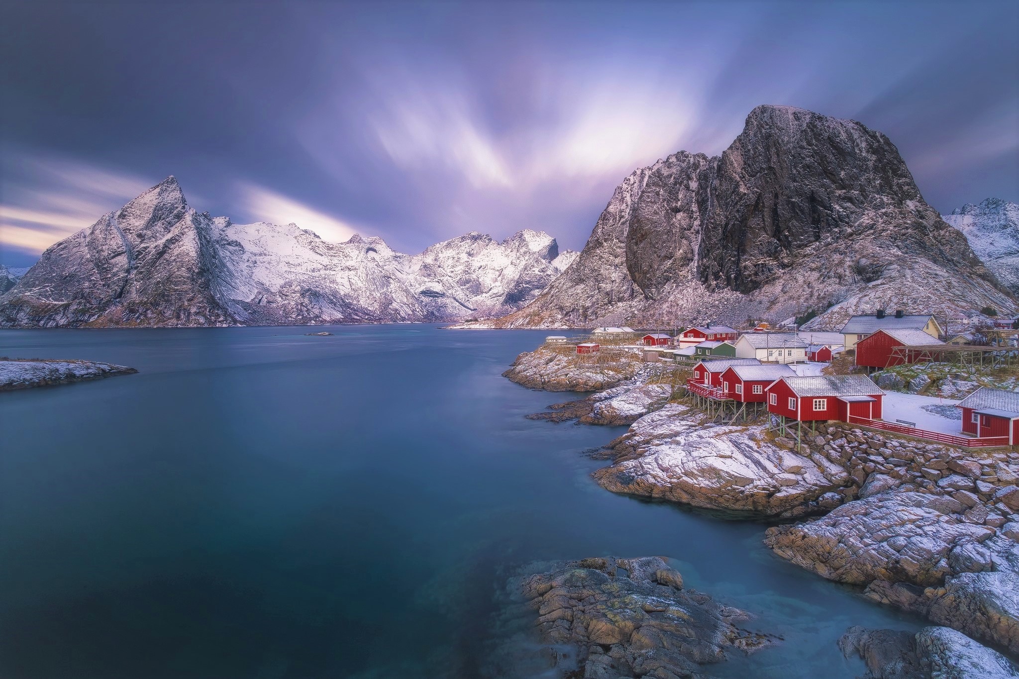 Download mobile wallpaper Winter, Snow, Mountain, Lake, House, Norway, Photography, Town, Lofoten, Reine for free.