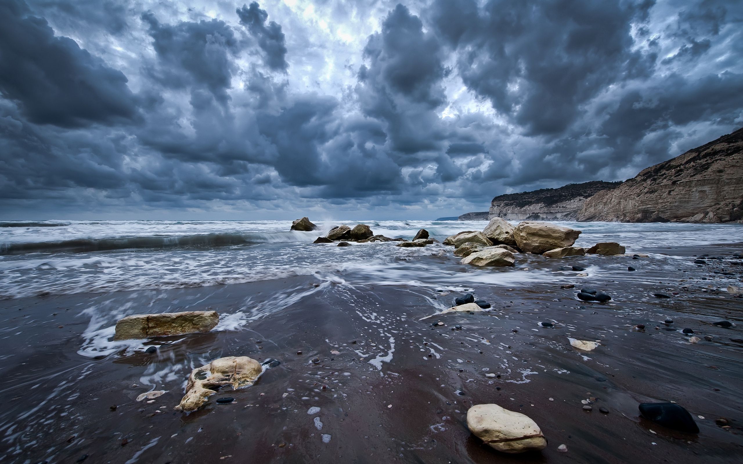 nature, stones, sky, sea, clouds, sand, wet, foam, mainly cloudy, overcast, gloomy
