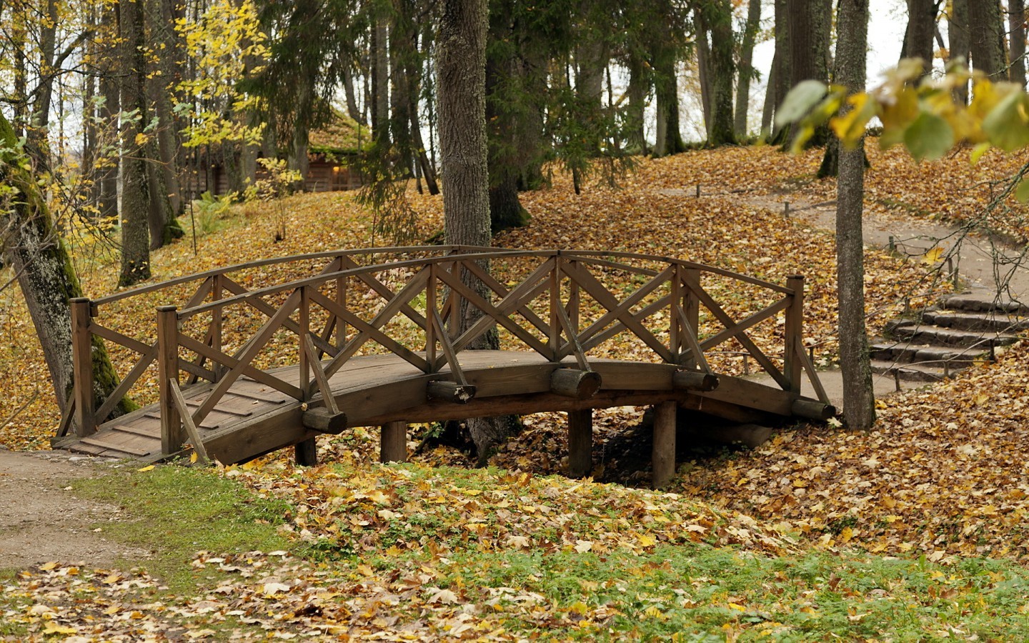 Download mobile wallpaper Bridges, Leaves, Landscape, Trees, Autumn for free.