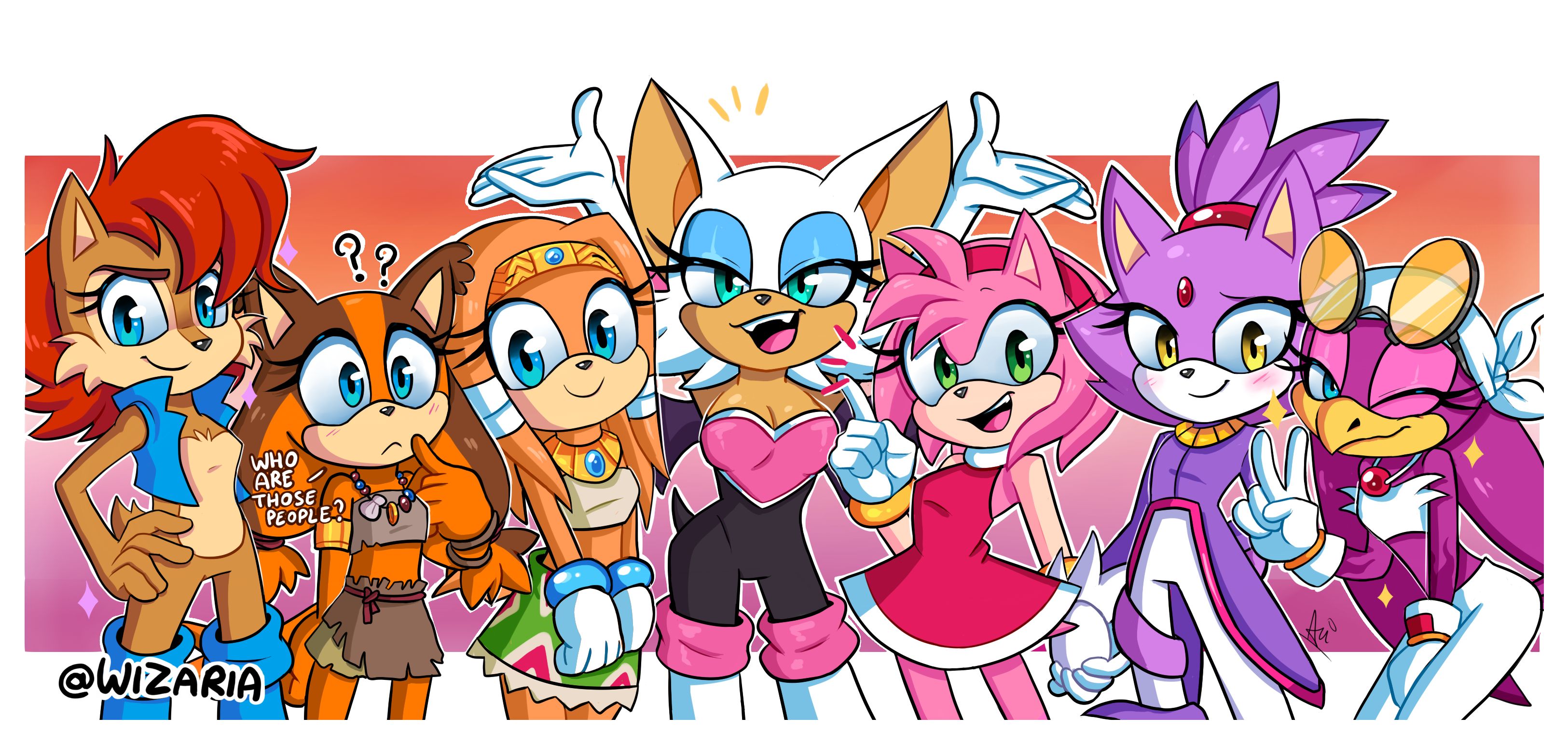 video game, sonic the hedgehog, amy rose, blaze the cat, blue eyes, green eyes, red hair, rouge the bat, sally acorn, smile, sticks the badger, tikal (sonic the hedgehog), wave the swallow, sonic