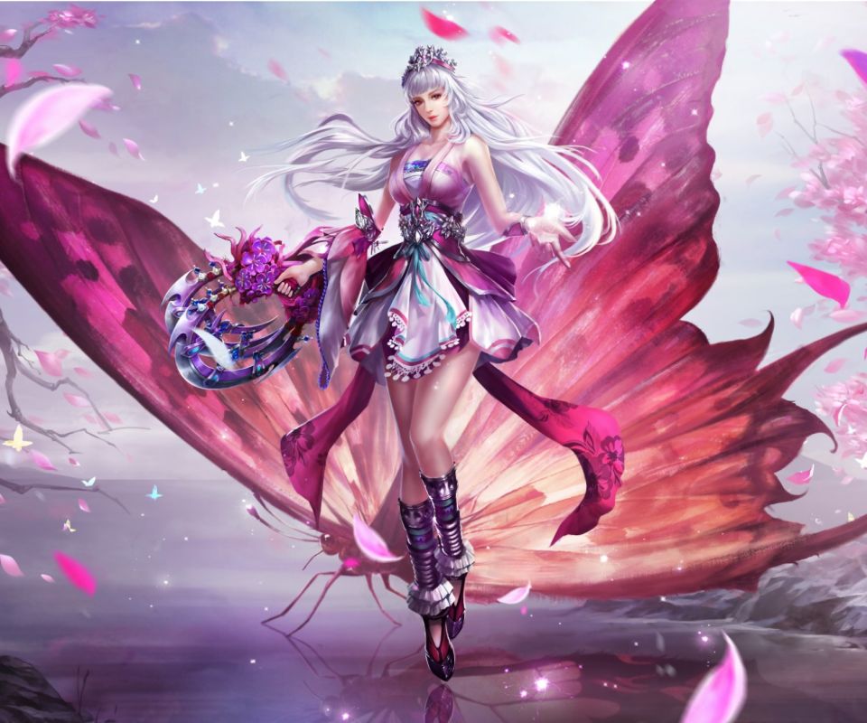 Download mobile wallpaper Fantasy, Sakura, Crown, Butterfly, Wings, Fairy, Long Hair, White Hair for free.